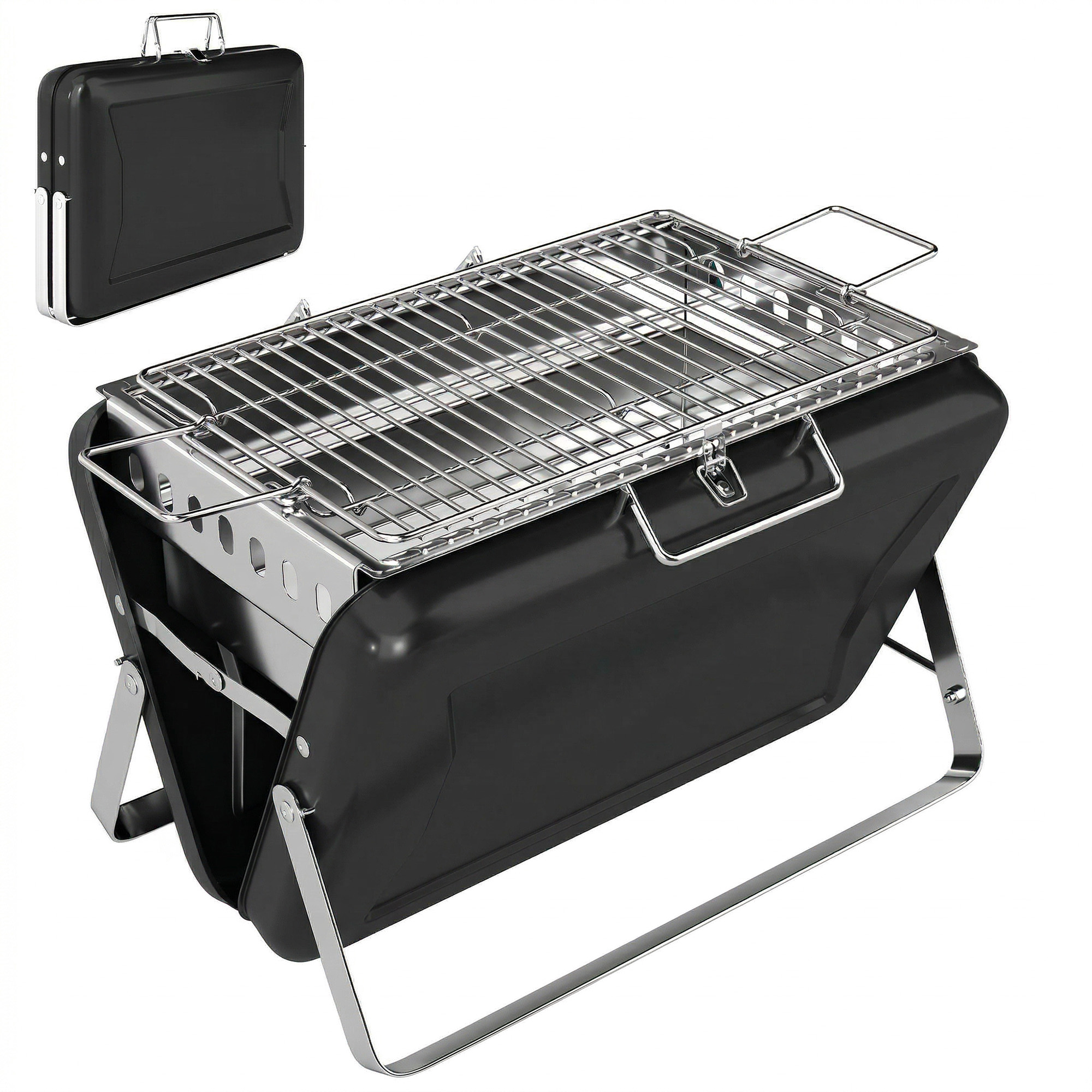 Outsunny Holzkohlegrill aus Edelstahl BBQ Smoker mit Grillrost Holzkohle Grill mit Griff klappbaren Beinen, Kohlegrill Standgrill für Barbeque Camping Terrasse Garten 40 x 28 x 25,5 cm Schwarz   Aosom