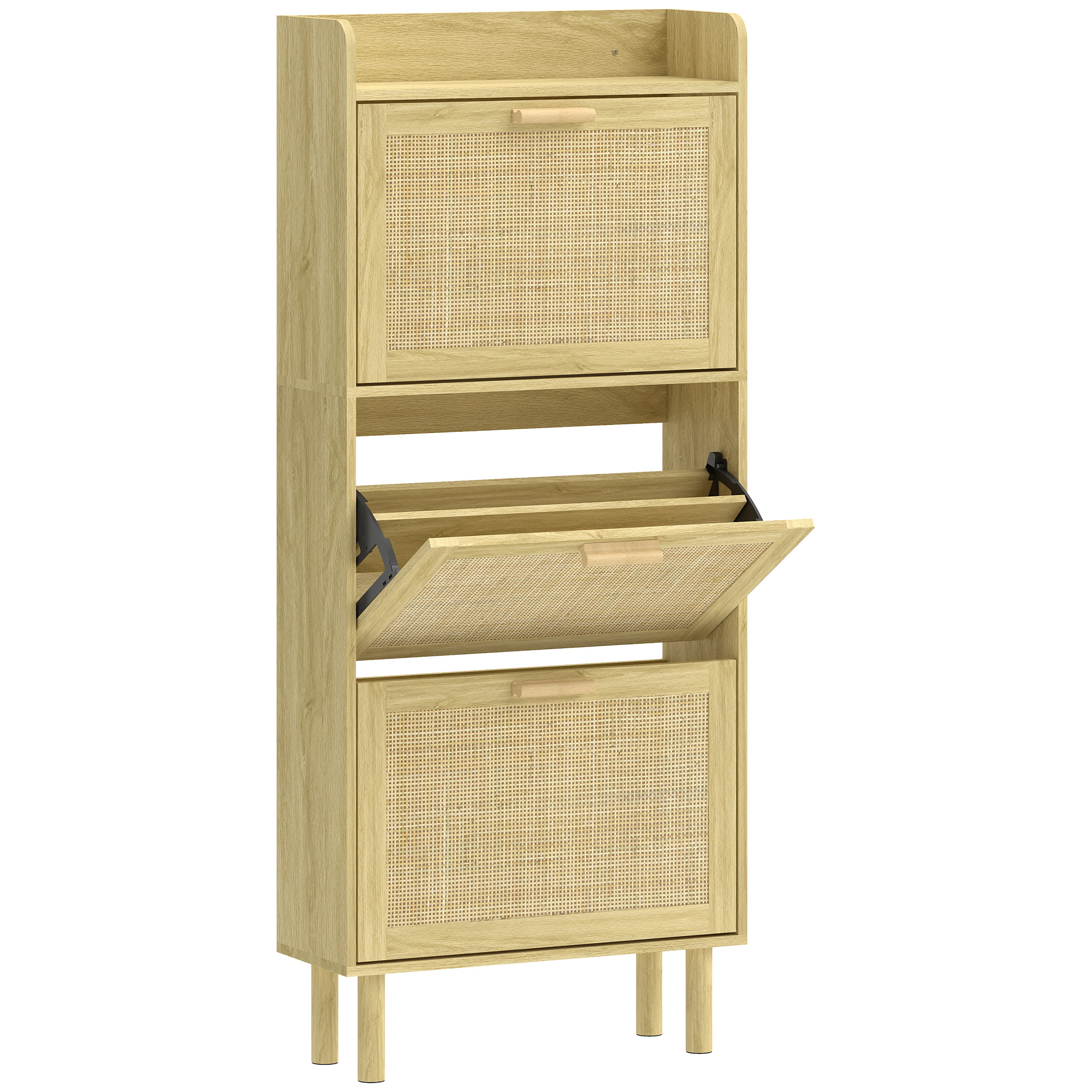 HOMCOM Schmaler Schuhschrank mit 3 Klappfächern, Schuhschrank für Flur mit offenem Fach, Holzbeine, für 12-18 Paar Schuhe, 65x24,5x153 cm, Eiche   Aosom