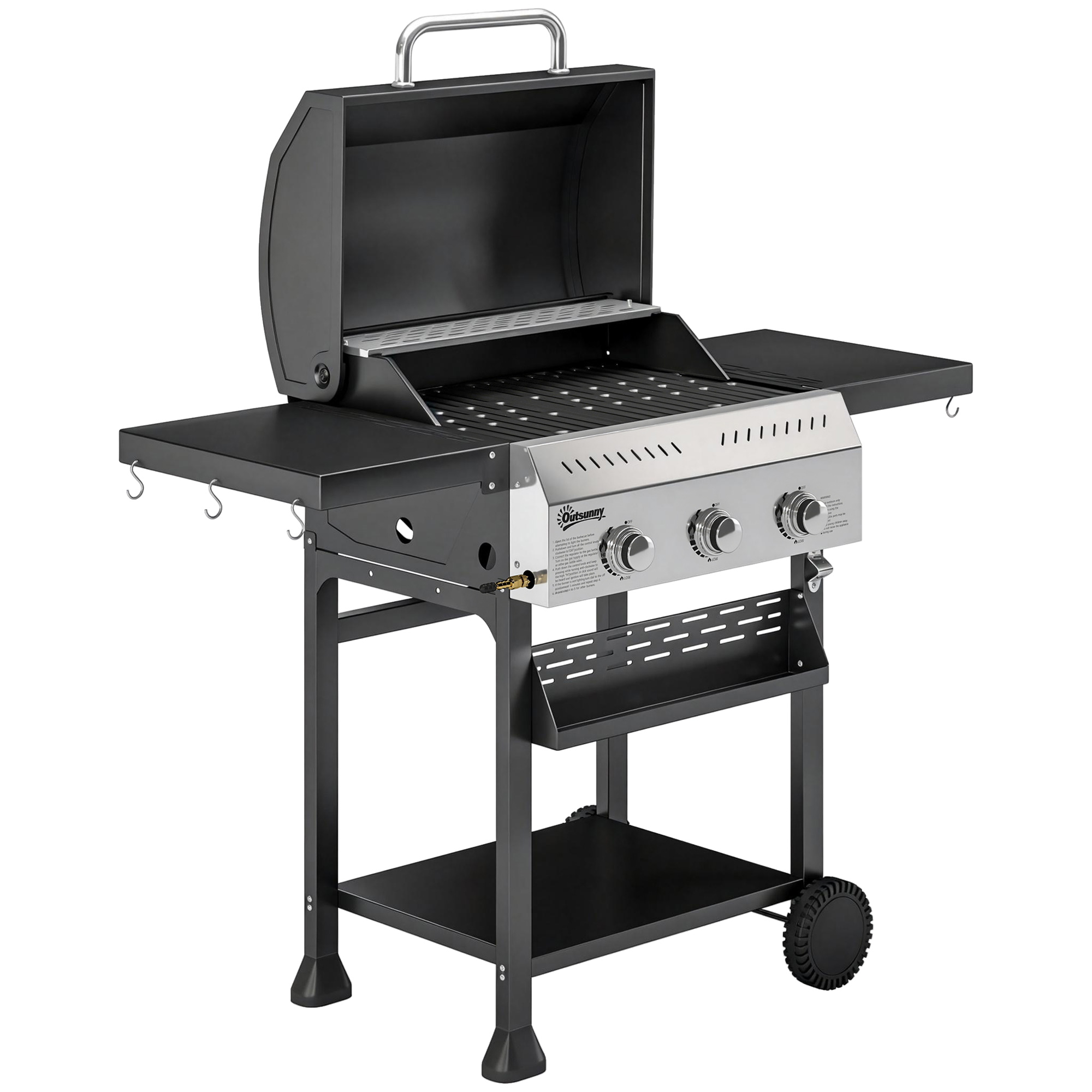 Outsunny Gasgrill 9 KW 3 Brenner BBQ Grillwagen Edelstahl inkl klappbar Seitentisch Gewürzhalter Unterregal 6 Haken Thermometer Emaille-Grillrost Warmhalterost Rolle Gas-Grill für Balkon Party   Aosom
