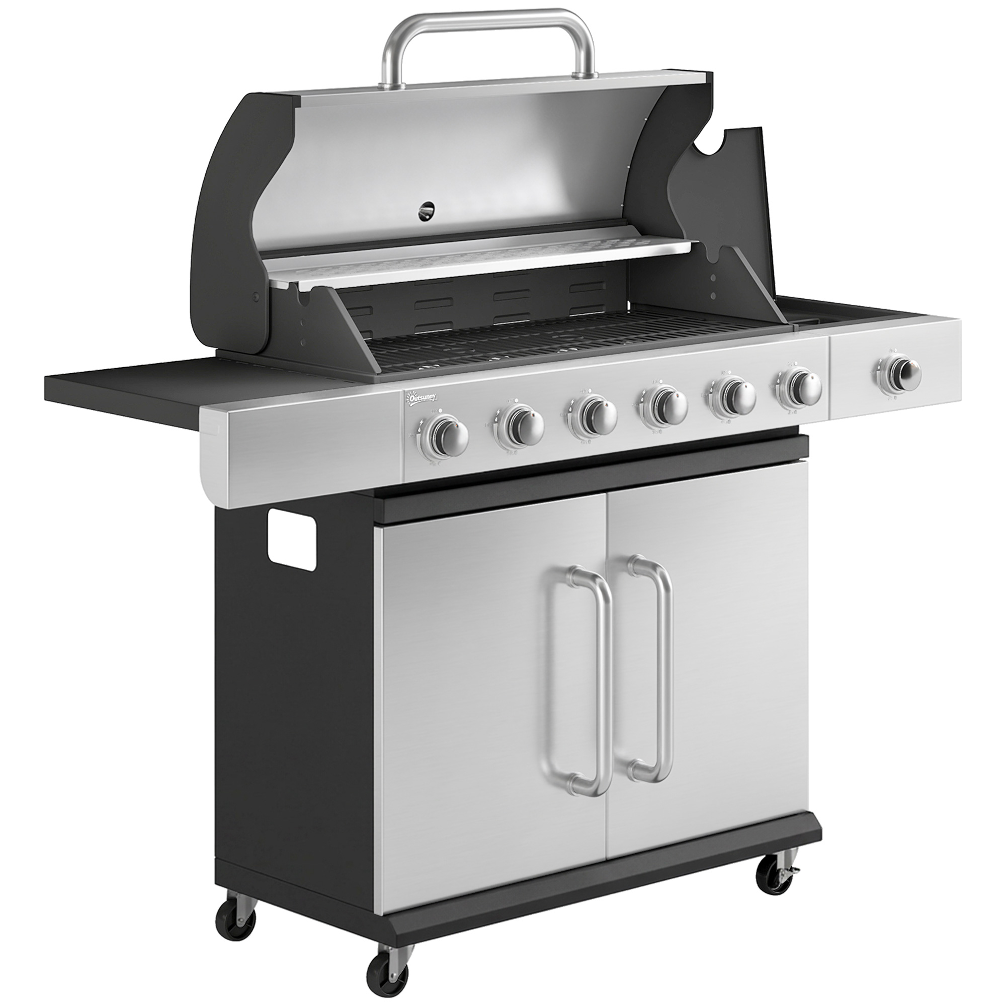 Outsunny Gasgrill 18,6 KW 6+1 Brenner BBQ Grillwagen aus Edelstahl inkl Rolle Seitenbrenner Thermometer Gusseisen-Grillrost Warmhalterost Seitentisch Unterschrank Gas-Grill für Balkon BBQ Party   Aosom