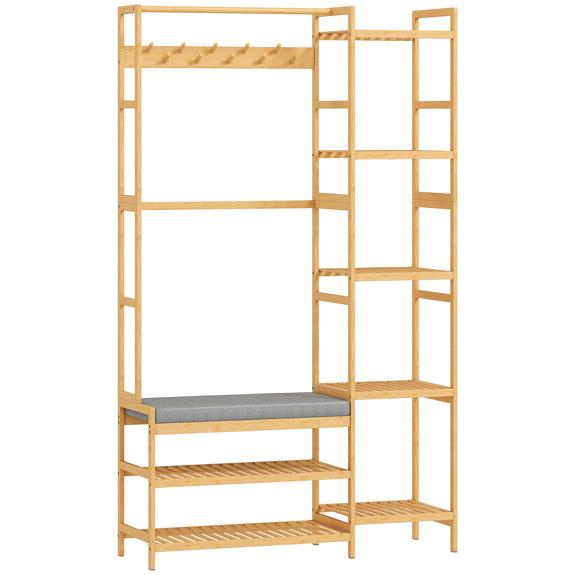 HOMCOM Garderobenständer, Kleiderständer mit 10 Haken, Gepolstert Schuhbank mit 2 Ablagen, Kleiderstange, 5 Offenen Fächern für Flur, Schlafzimmer, Wohnzimmer, Natur, Höhe 175 cm   Aosom