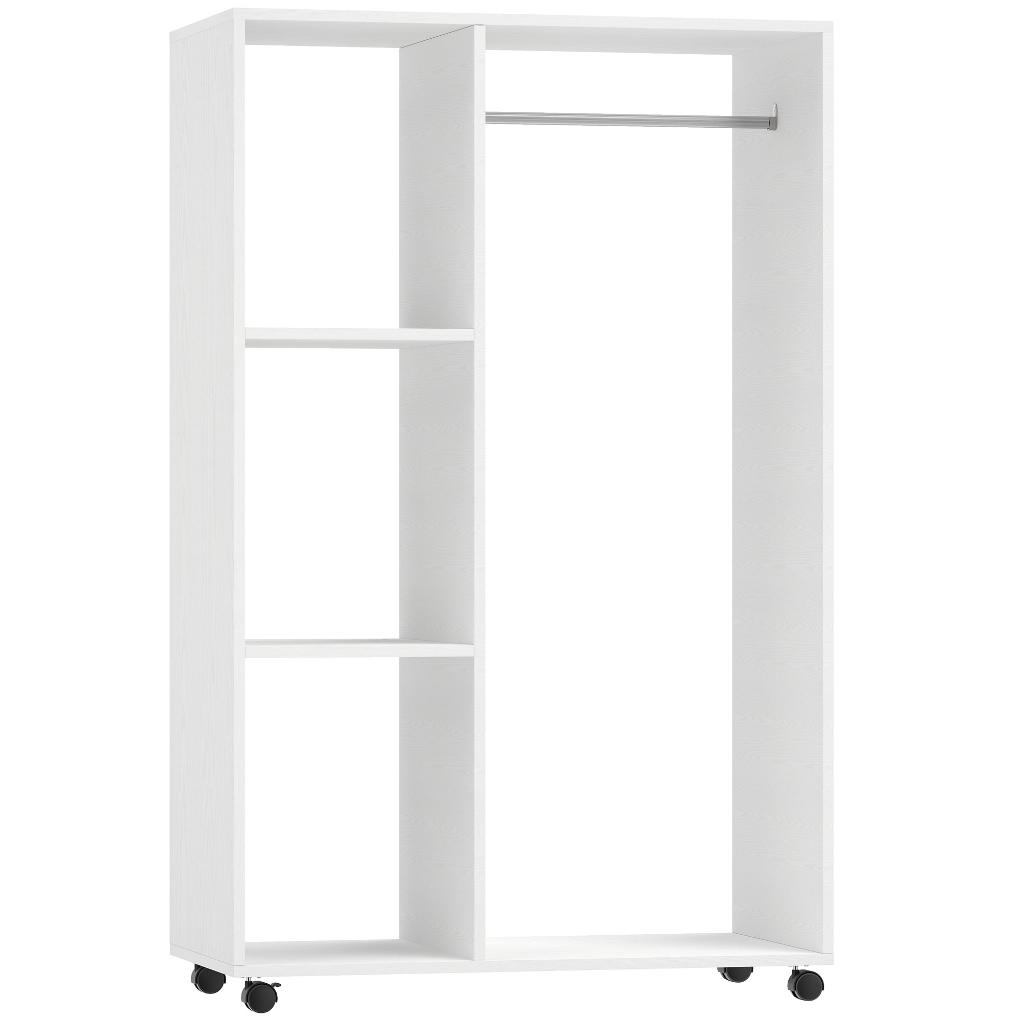 HOMCOM Kleiderschrank auf Rollen, mobile Garderobe, 1 Kleiderstange, 3 Regale, Garderobenschrank, Rollbarer Kleiderständer für Flur, Schlafzimmer, 80 x 40 x 128 cm, Weiß   Aosom