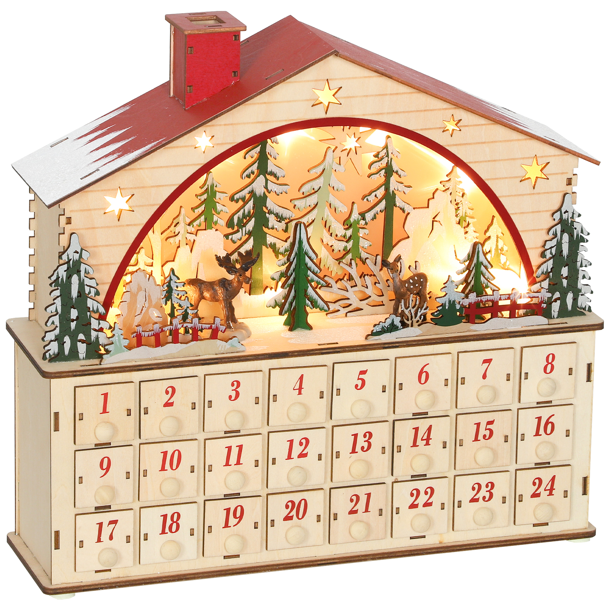 HOMCOM Adventskalender zum Befüllen 24 Schubladen Fächer Weihnachtskalender mit LED-Lichtern Weihnachtsdekoration Adventskalenderbox DIY Naturholz 36 x 10 x 34 cm   Aosom