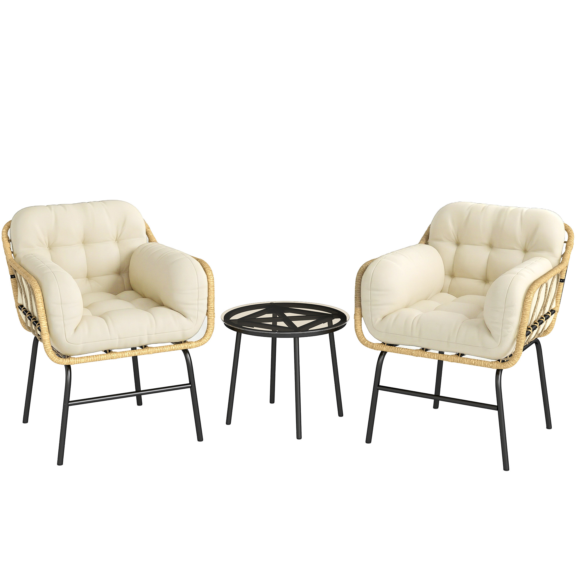 Outsunny 3‑teiliges Gartenlounge-Set aus Polyrattan, Couchtisch aus Sicherheitsglas, 2 Sessel mit 2 Kissen, Gartenmöbel für Balkon Terrasse Patio, Khaki   Aosom