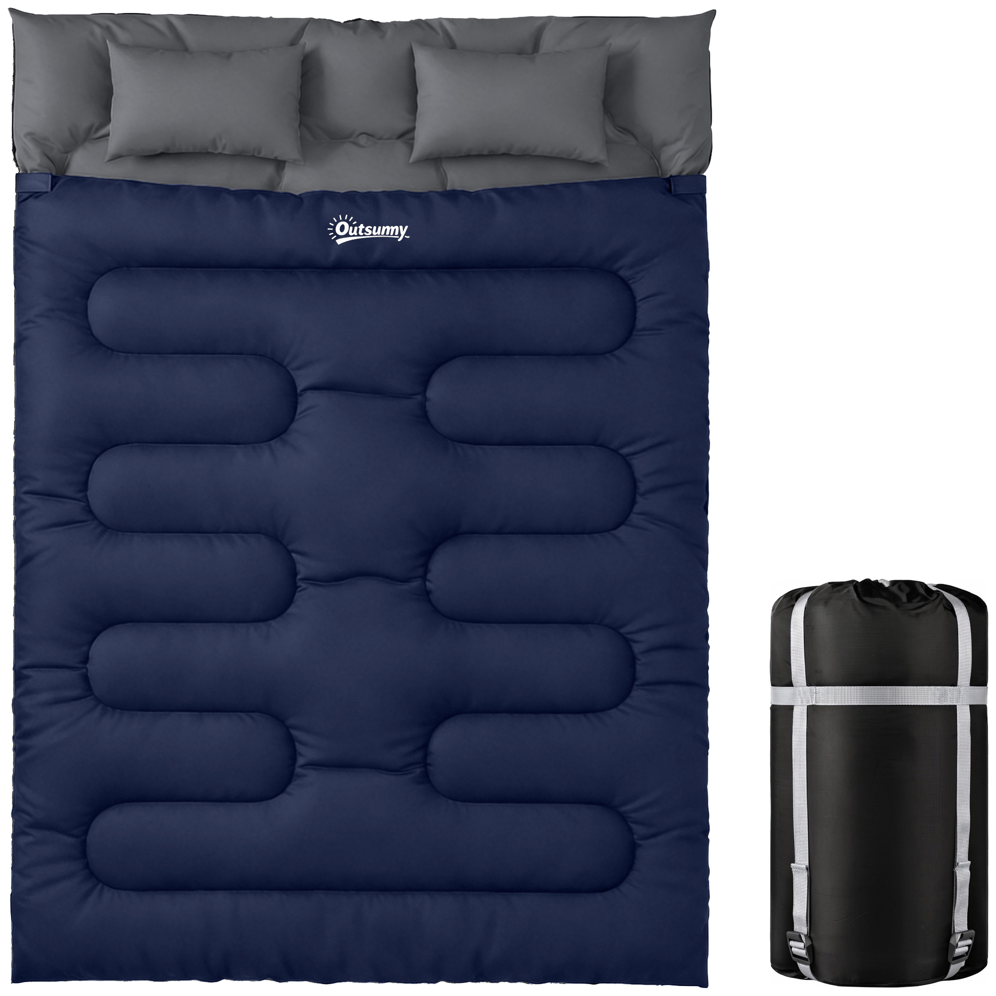 Outsunny Doppel-Schlafsack für Erwachsene, leicht, Queen-Size für 2 Personen, 3-Jahreszeiten, rechteckiger Schlafsack mit 2 Kissen und Tragetasche, für kalte Tage, Camping, Wandern Dunkelblau   Aosom
