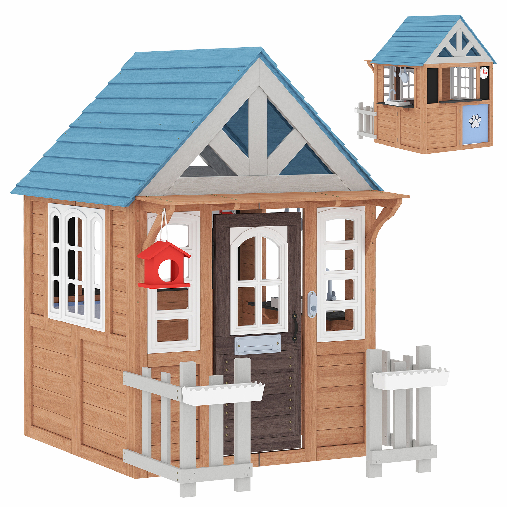 AIYAPLAY Kinderspielhaus außen aus Holz, Kinderhaus außen/innen mit Katzenklappe, Spielküche, Briefkasten, Klingel, Nistkasten und Zaun, für 2-5 Jahre, 165x116,5x163,5cm, braun   Aosom