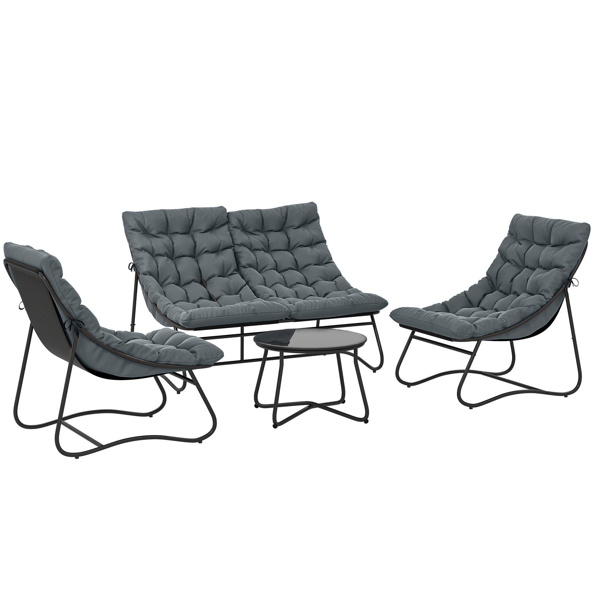 Outsunny 4‑teiliges Gartenlounge-Set mit 8 cm dicken Kissen - Außenmöbel-Set aus Stahl und atmungsaktivem Textilene - Couchtisch mit gehärteter Glasplatte für moderne Terrasse/Balkon, Grau   Aosom