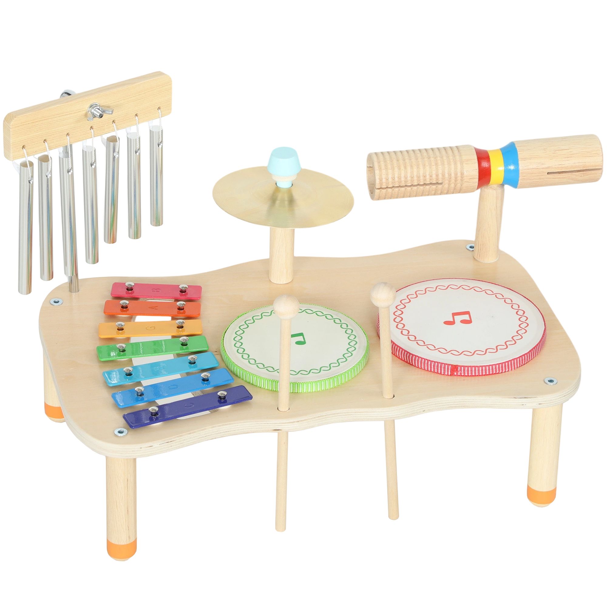 AIYAPLAY Musikinstrumente für Babys, Montessori-Holzspielzeug mit Trommel, Xylophon, Doppeltonglocke, Becken, Windglocke, Geschenk für Jungen und Mädchen ab 2 Jahren, zum Geburtstag   Aosom