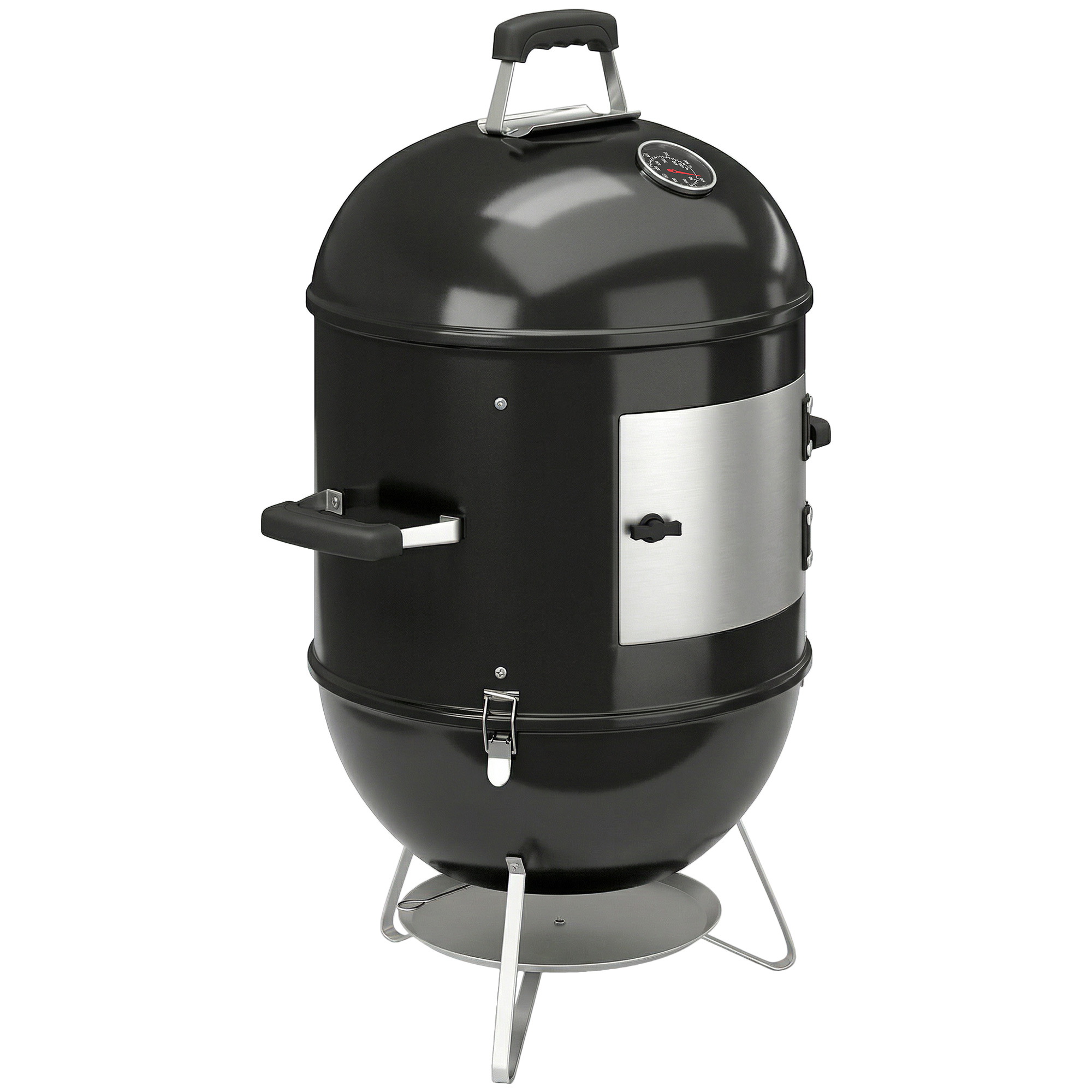 Outsunny 3-in-1 Räuchergrill mit 3 Grillrosten Ø44 cm, integriertem Thermometer, verstellbarer Belüftung, abnehmbarem Deckel, isoliertem Griff, Holzkohlegrill für Camping, Feiern, Picknick, Schwarz Aosom