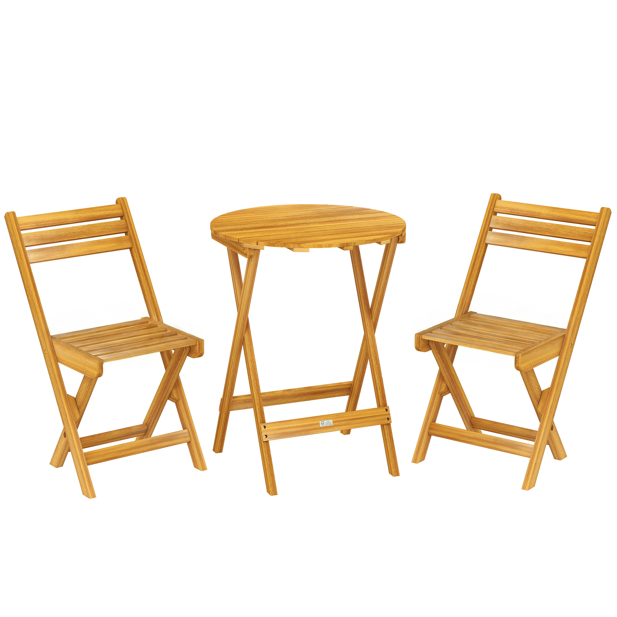 Outsunny 3-teiliges Bistro-Set klappbar aus Akazienholz, runder Tisch Ø 60 cm und 2 Lattenstühle, ohne Montage, Gartenlounge für Balkon, Terrasse, Garten, natur   Aosom