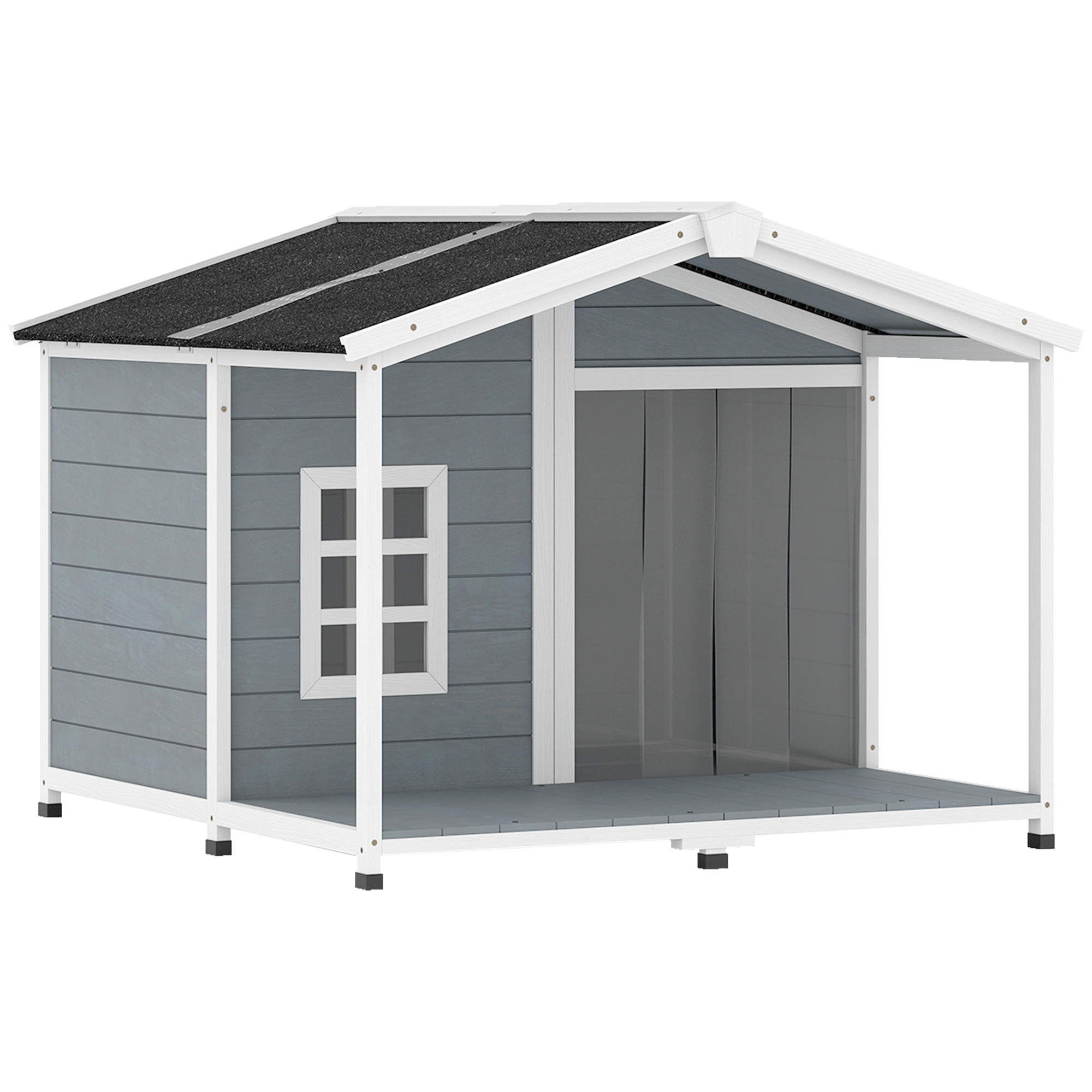 PawHut Hundehütte wetterfestes Hundehaus aus Holz 103 x 107 x 83,5 cm Erhöhte Hundehöhle mit aufklappbarem Asphaltdach, Terrasse, Fenster, Outdoor Hütte für mittelgroße Hunde bis 20 kg Grau   Aosom
