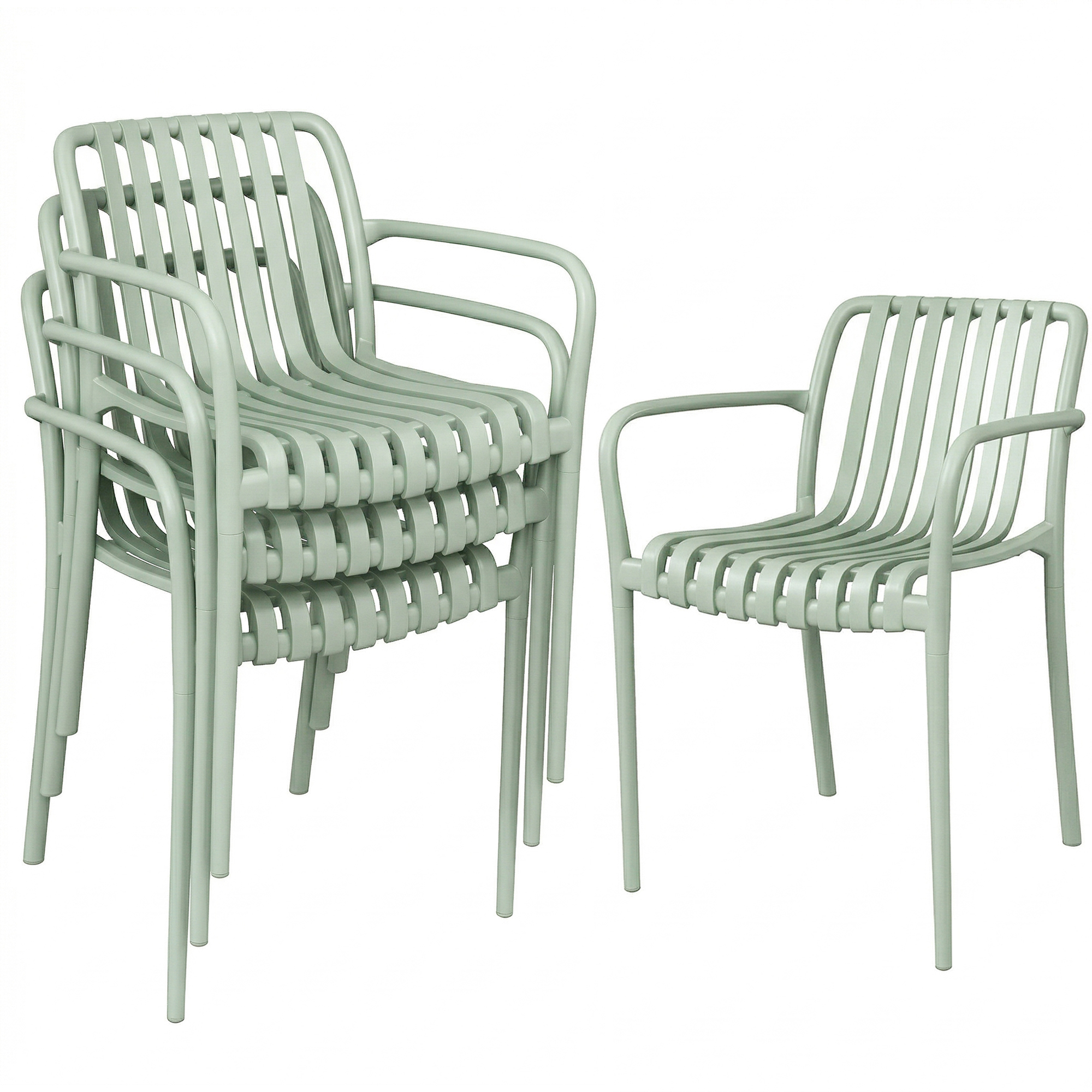 Outsunny 4er-Set stapelbare Gartenstühle aus UV-beständigem Polypropylen - Terrassenstuhl mit Armlehnen und ergonomischer Lattenrückenlehne - Esszimmer-/Außenstühle, Grau-Grün Aosom