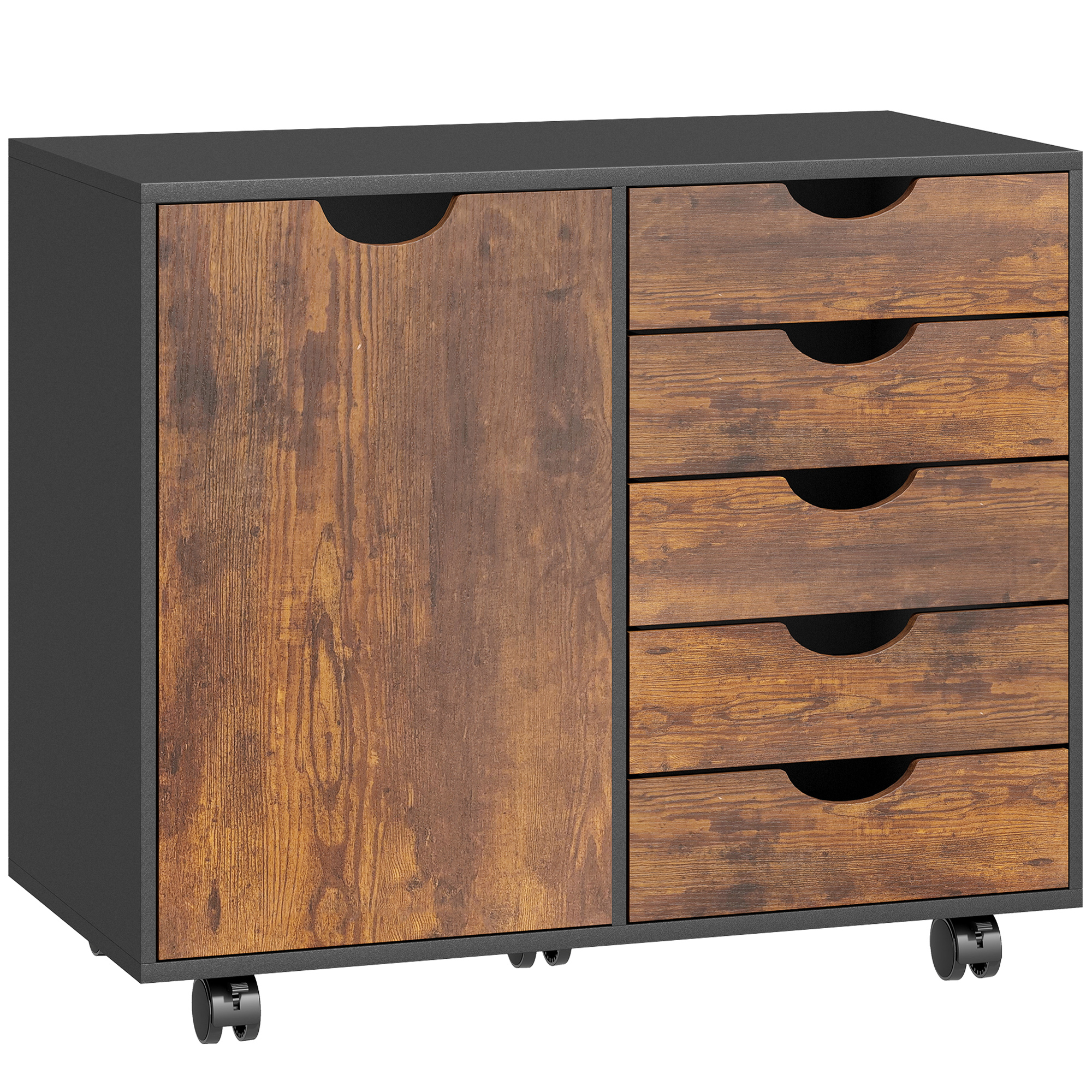 HOMCOM Rollcontainer mit 5 Schubladen und 1 Tür, verstellbares Fach, Aufbewahrungsmöbel für Büro, Rollcontainer auf Rollen, für Dokumente und Schreibwaren, 78 x 40 x 66,5 cm, rustikalbraun   Aosom