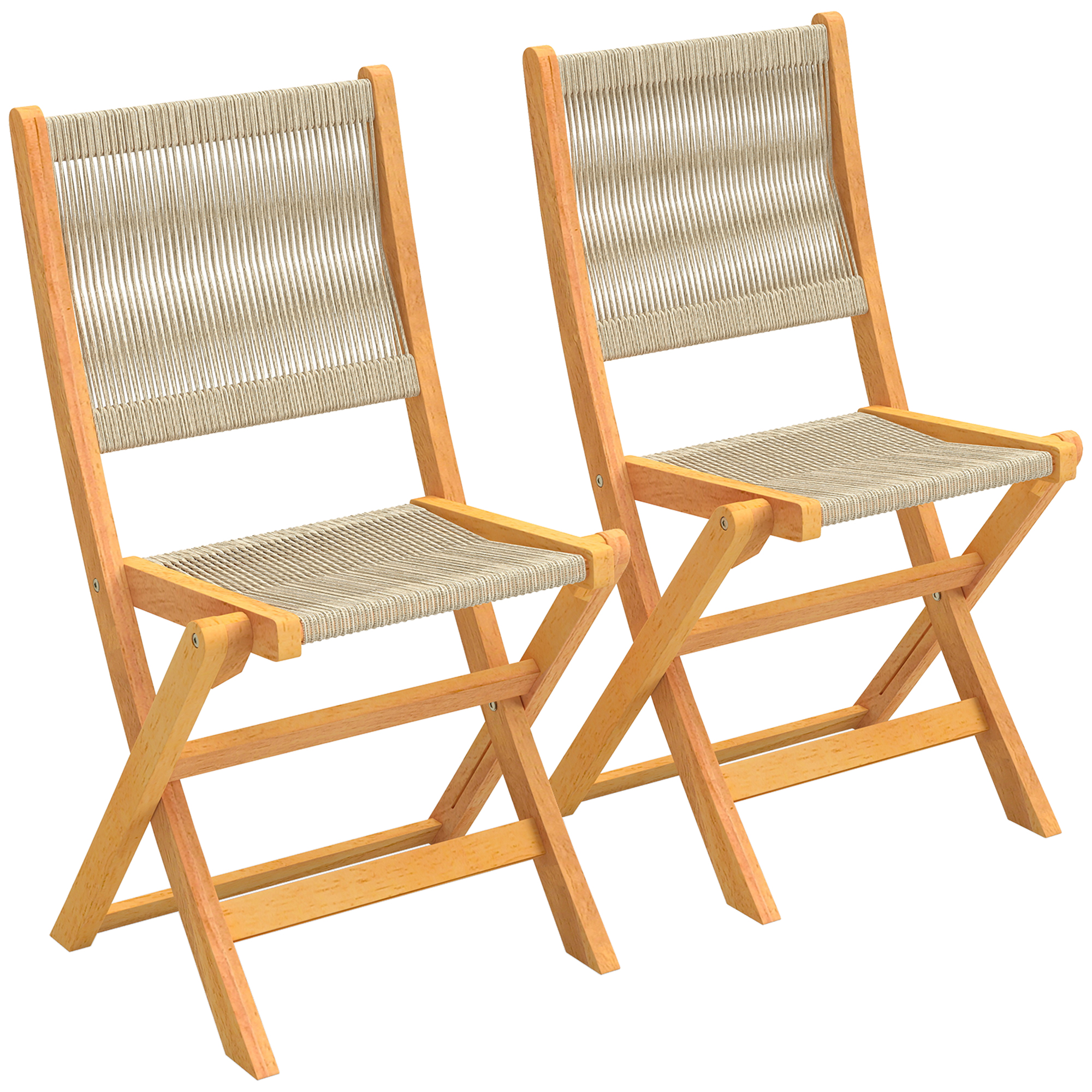 Outsunny 2er-Set faltbare Gartenstühle aus FSC-Akazienholz - Balkonstühle mit Rückenlehne und geflochtener Sitzfläche - Platzsparend, kein Aufbau, Natur & Beige   Aosom