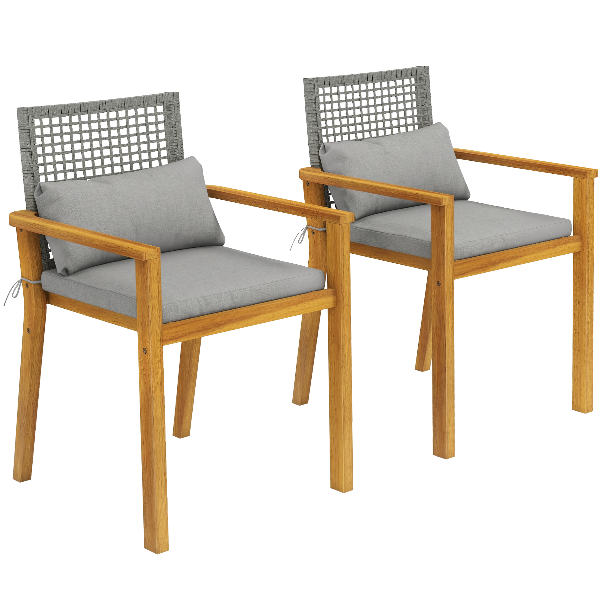 Outsunny 2er-Set Gartenstühle stapelbar aus FSC-Akazienholz, Outdoor-Rattan-Stühle mit Armlehnen, Sitz- und Dekokissen, für Garten Balkon Terrasse, 59x55x86 cm, Holzfarbe Aosom