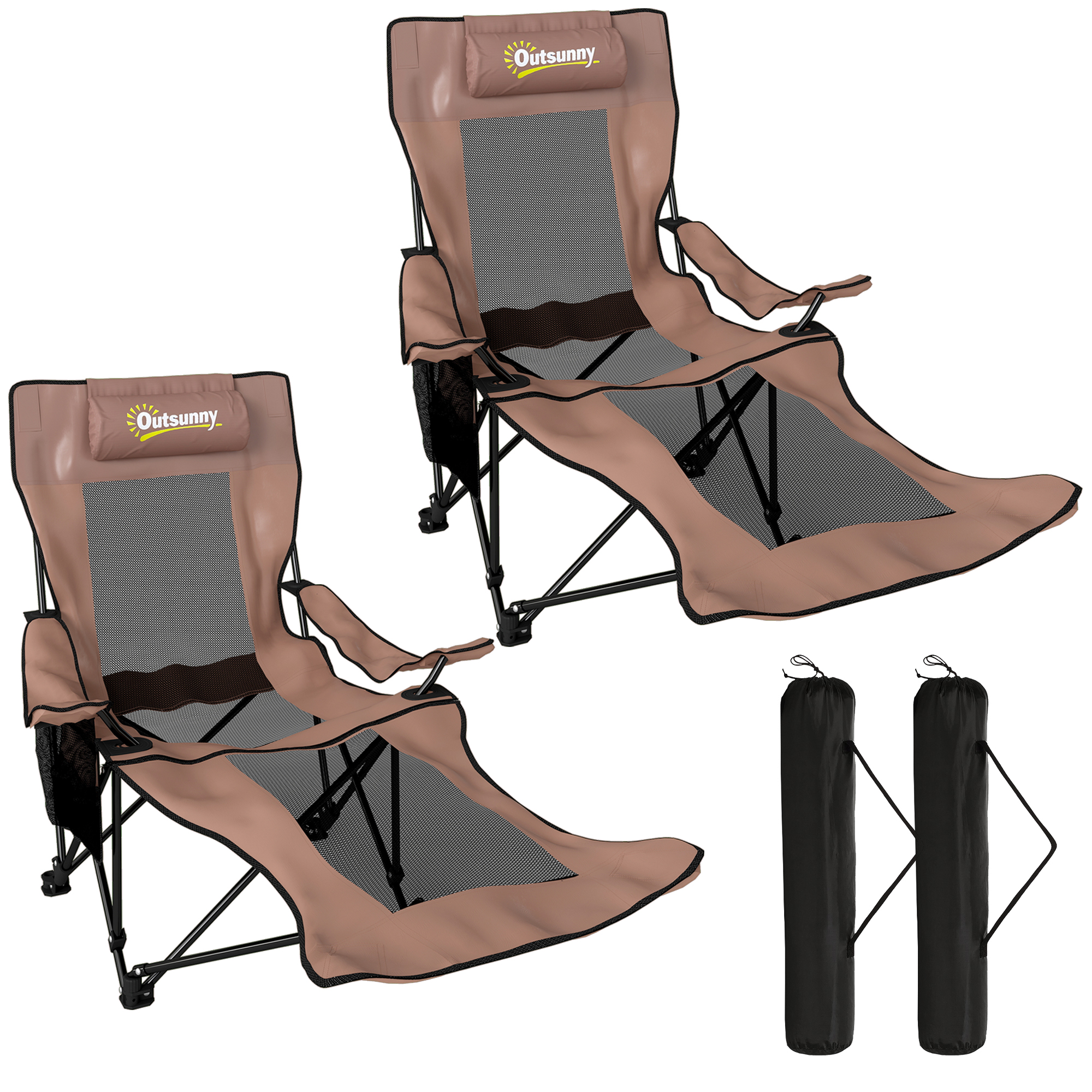 Outsunny 2er-Set Klapp-Campingstühle mit abnehmbarer Fußstütze, Getränkehalter und Seitentasche, Gartenstühle aus Oxford-Gewebe und Metall, belastbar bis 120 kg, 165x80x90 cm, Braun und Schwarz Aosom