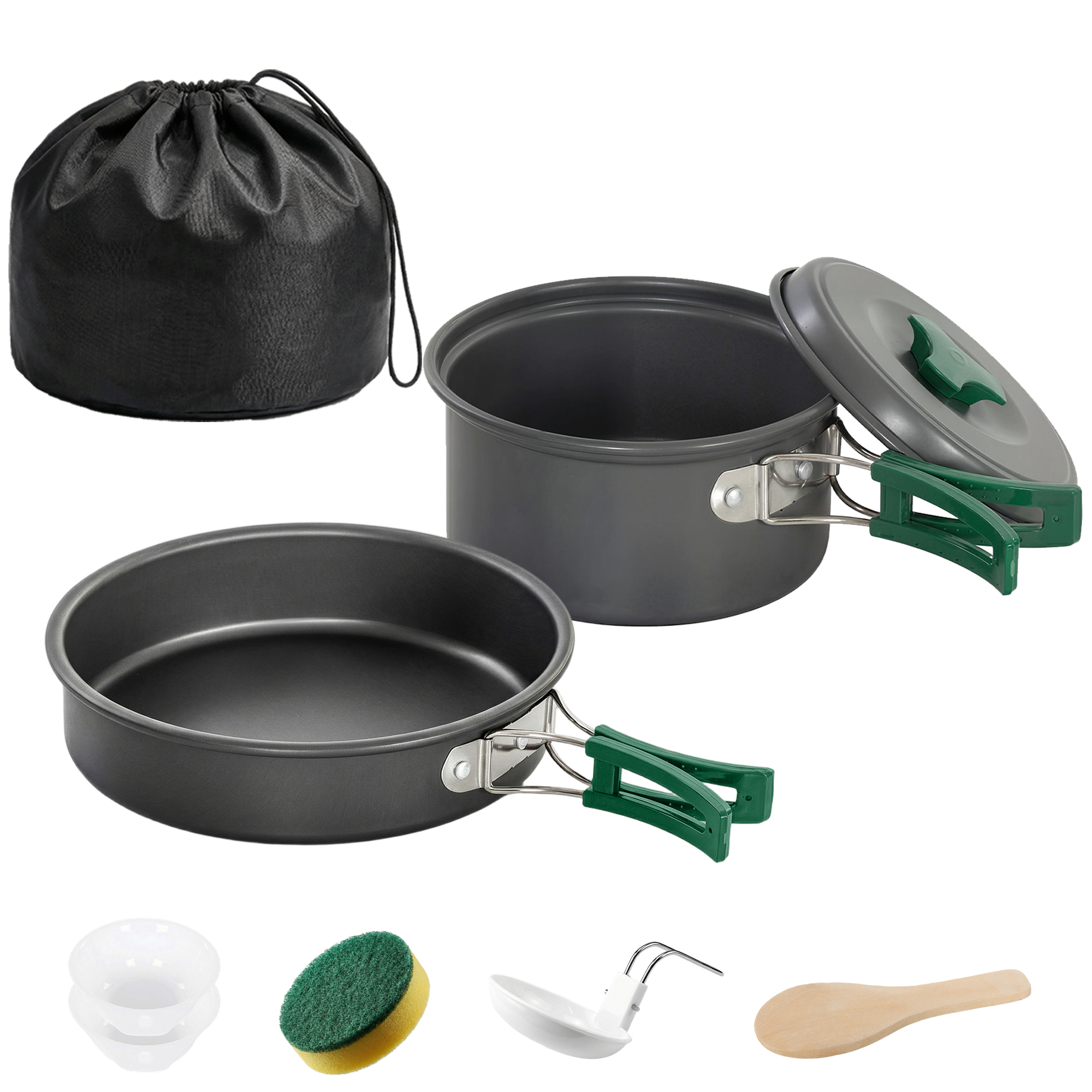 Outsunny Camping Kochgeschirr Set 8-teiliges Outdoor Geschirr Set mit Anti-Verbrühungsgriffen, schnell erhitzend Topf, Pfanne, Kochtopf Set für 2 Personen, für Outdoor Wandern Picknick BBQ Grau   Aosom