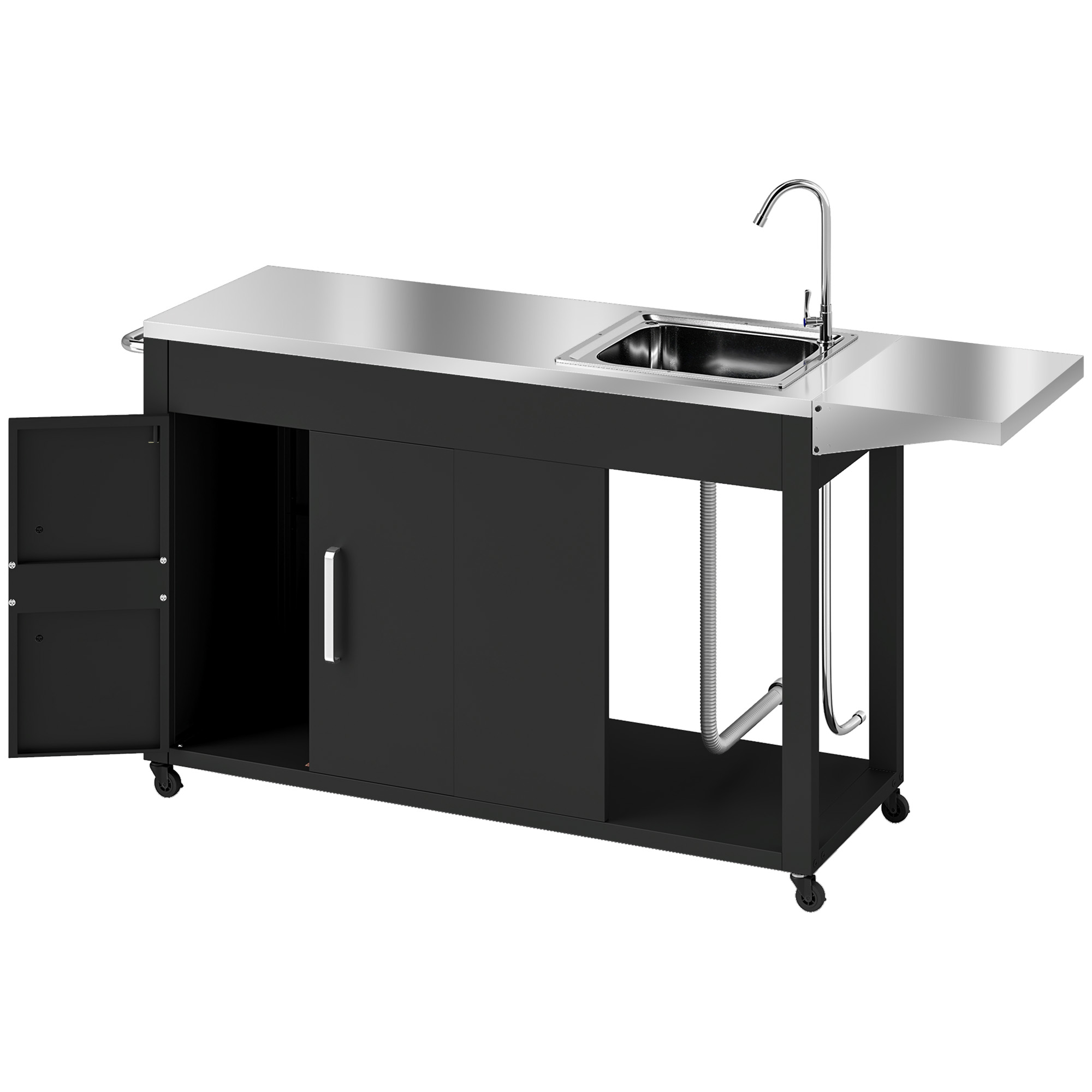 Outsunny Grillwagen Servierwagen mit Arbeitsfläche Seitenblatt Schrank Spüle Räder, BBQ Grilltisch aus Edelstahl, Outdoor Grill Beistelltisch für Garten, Terrasse, Grill 162,5 x 47 x 87cm Schwarz   Aosom