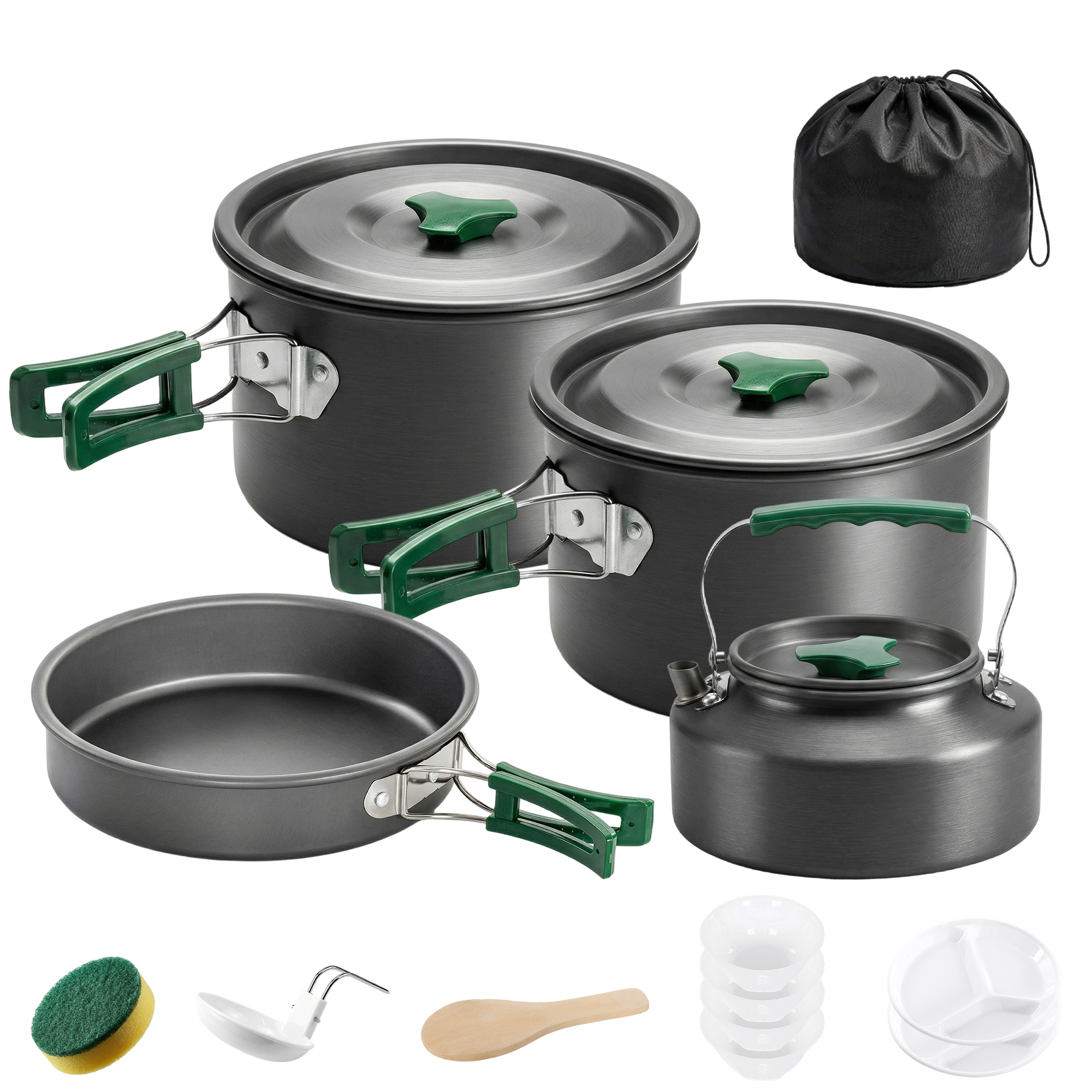 Outsunny Camping Kochgeschirr Set 5-teiliges Outdoor Geschirr Set mit Anti-Verbrühungsgriffen, Topf, Pfanne, Tragbares Kochtopf Set für 4-5 Personen, für Outdoor Wandern Picknick BBQ Grau   Aosom