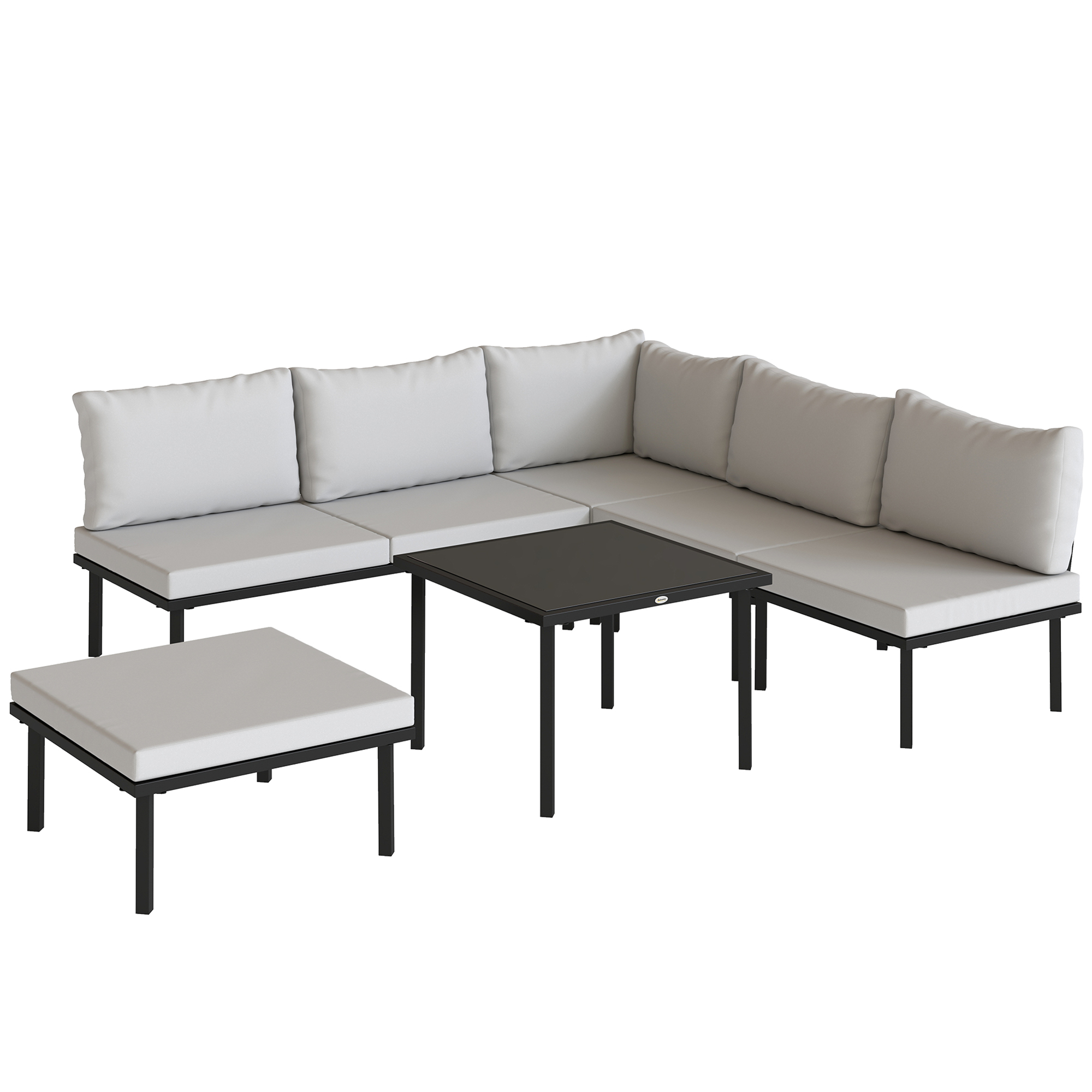 Outsunny 6-teiliges Gartenlounge-Set, Eck-Gartenmöbel-Set mit 2-Sitzer-Sofa, 3 Stühlen, Fußhocker, Glastisch, Kissen, Outdoor-Lounge in L-Form aus Metall, Hellgrau   Aosom