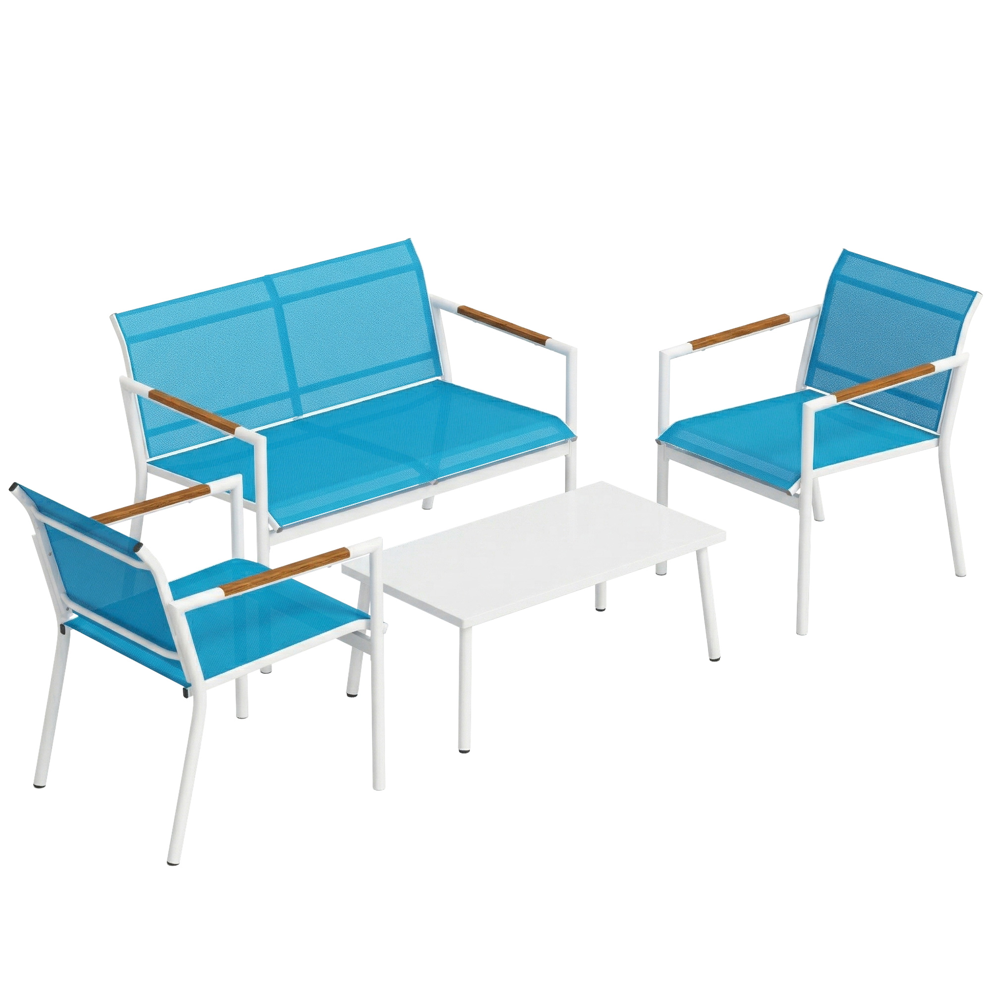 Outsunny Set Gartenlounge 4-teilig, atmungsaktives Texteline-Gartenmöbel-Set mit 2-Sitzer-Sofa, 2 Sesseln, Beistelltisch mit Metallplatte, Outdoor-Lounge aus Metall für Terrasse, Blau   Aosom