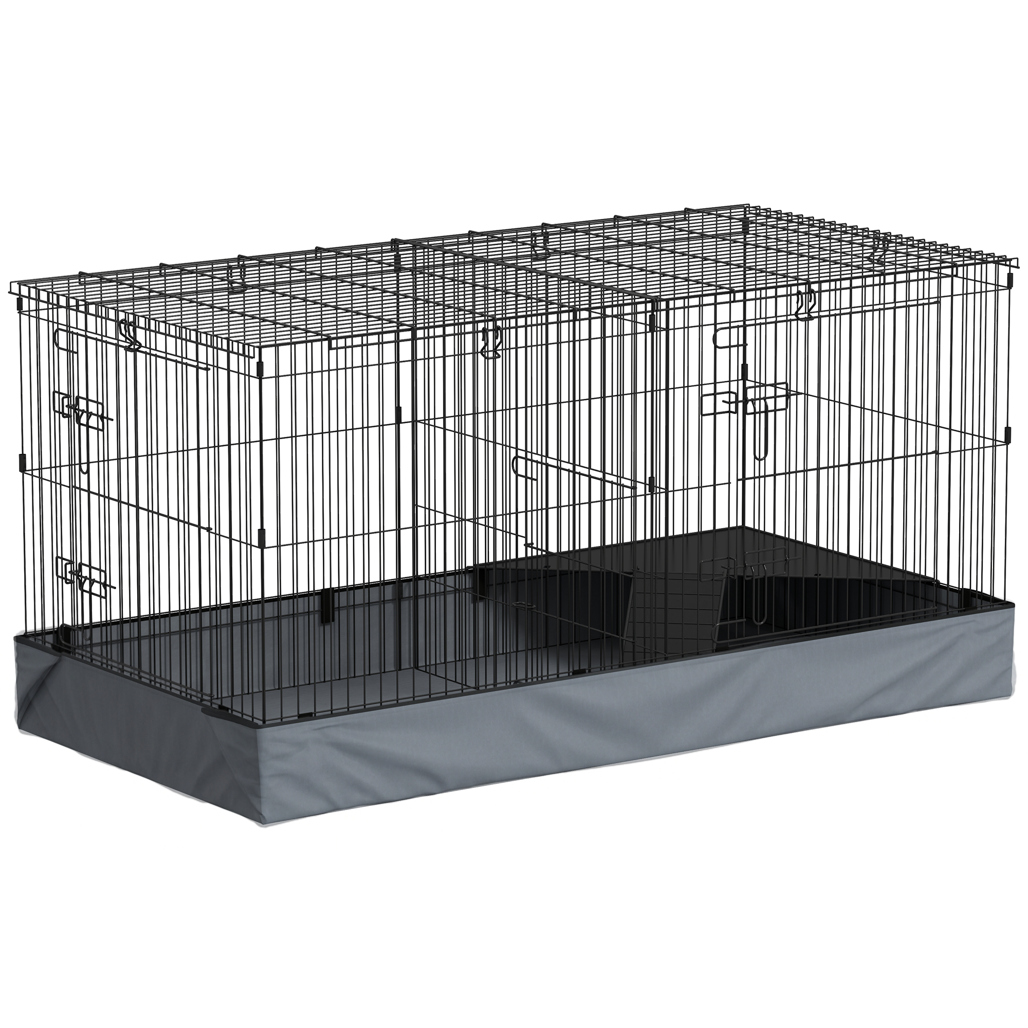 PawHut Kleintierkäfig, Kleintierstall mit Rampe, Trennwand, Nagerkäfig mit abnehmbarem Verdeck, Stoffboden, Kaninchenkäfig für Kleintiere Stahl Schwarz   Aosom
