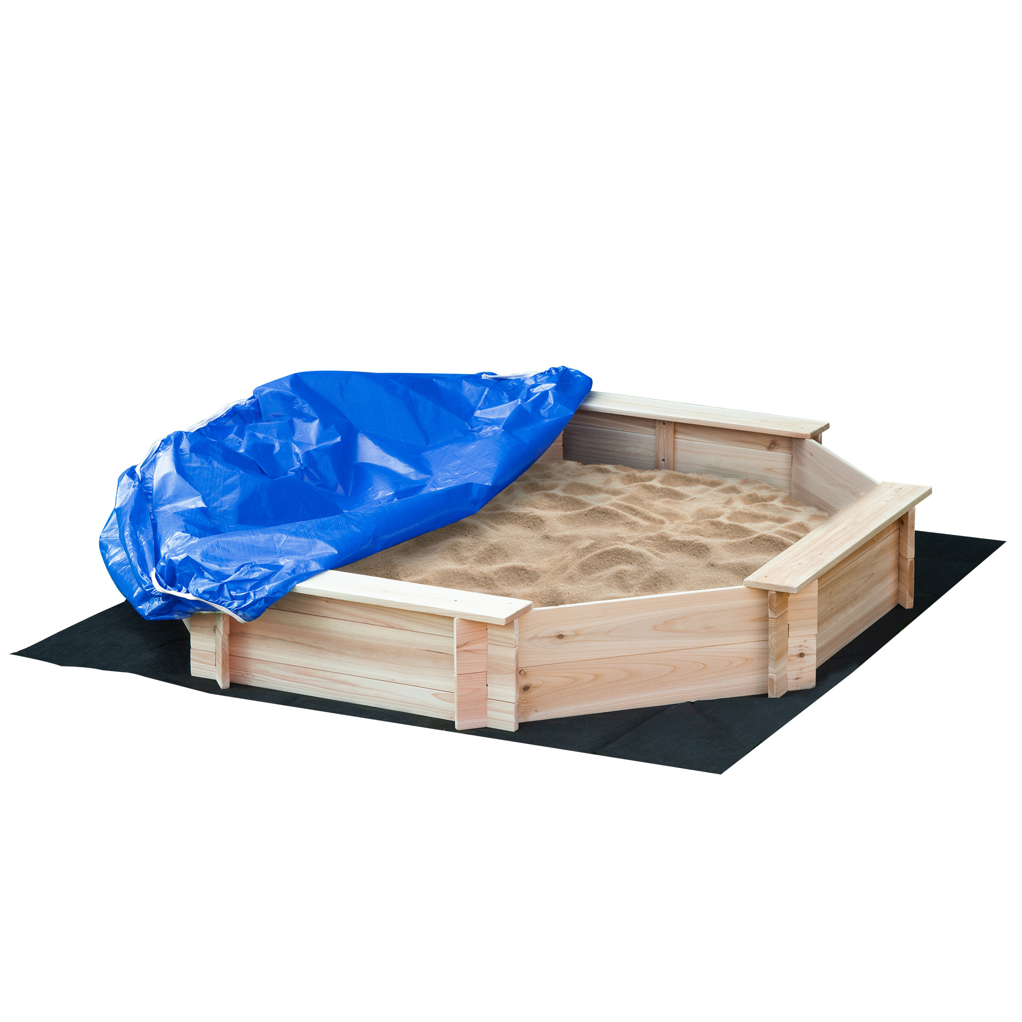 Outsunny Sandkasten mit Abdeckung 8-eckig Sandkiste aus Massivholz Bodenloses Design für Kinder 3-8 Jahre Natur+Blau 139,5 x 139,5 x 21,5 cm   Aosom