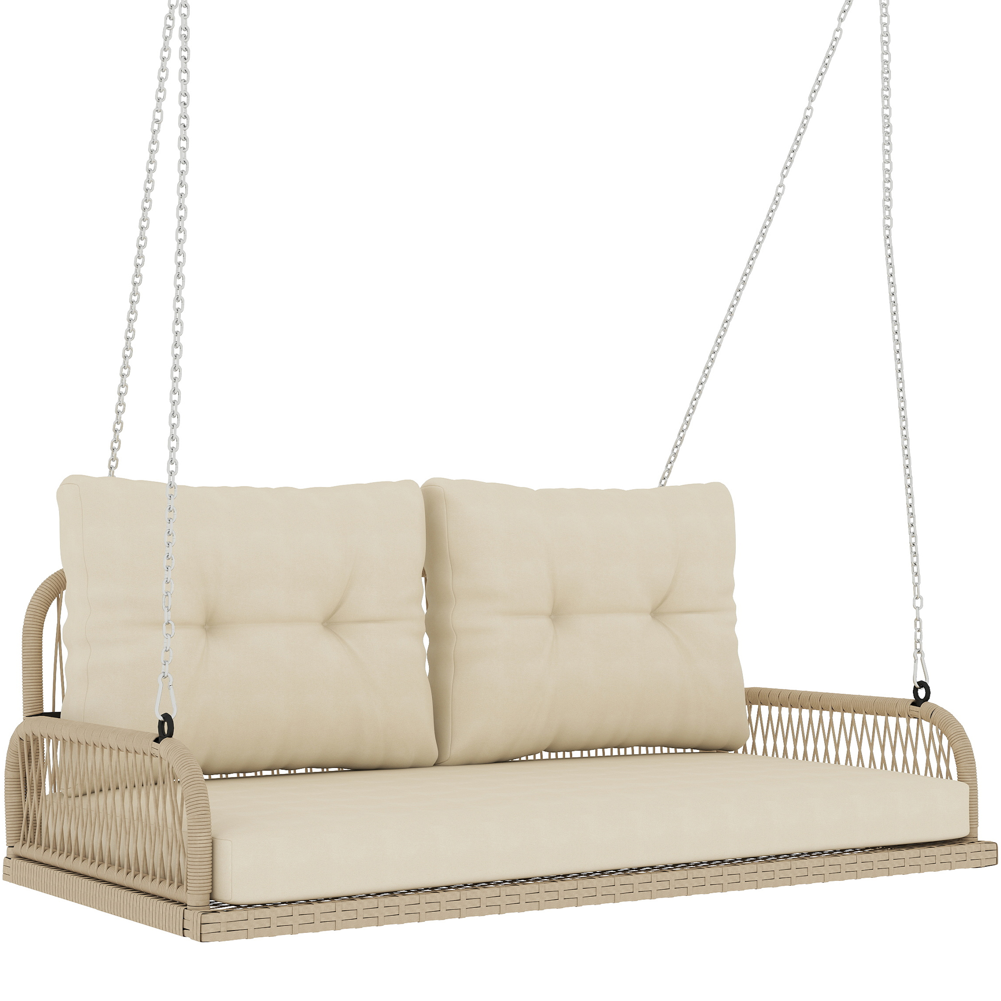 Outsunny Hollywoodschaukel 2-Sitzer Rattan Gartenschaukel mit Kissen Ketten Hängebank bis 240 kg belastbar Hängeschaukel Schaukelbank Gartenbank für Garten Balkon 115 x 66 x 44 cm Beige   Aosom