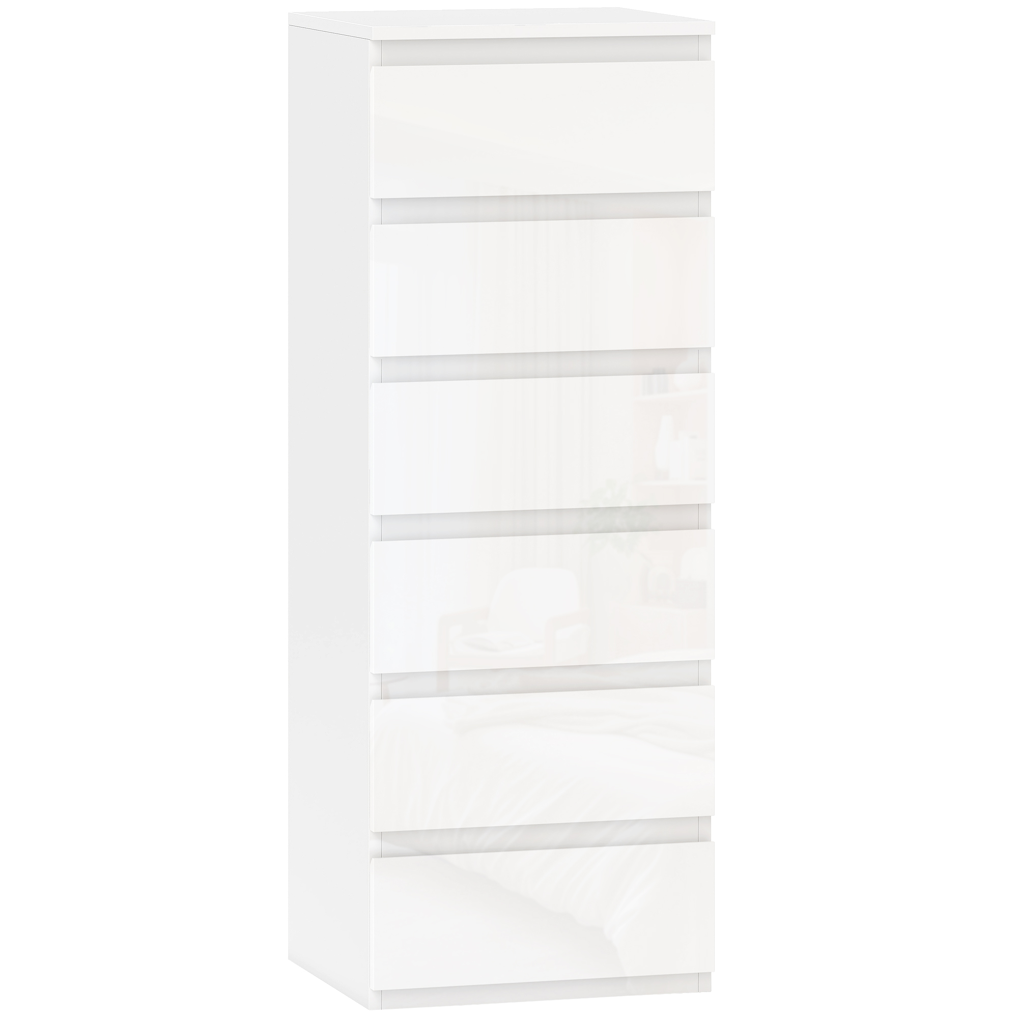 HOMCOM Kommode 6 Schubladen Hochglanz, schmales griffloses Aufbewahrungsmöbel, Chiffonnier, moderner Stil, Kommode für Schlafzimmer, Wohnzimmer, Flur, 40 x 35 x 109 cm, Weiß   Aosom