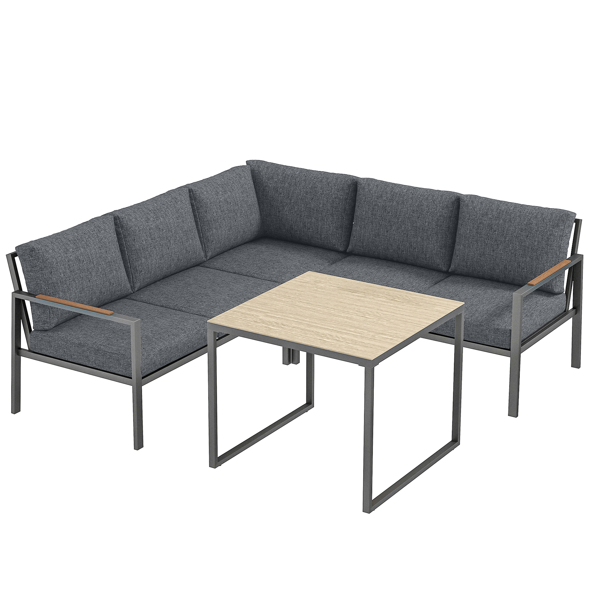 Outsunny Outdoor‑Lounge 3‑teilig für 5 Personen, 2 Sofas mit abnehmbaren dicken Kissen, 1 Couchtisch mit Glasplatte, Outdoor‑Sofaset für Terrasse & Balkon, Dunkelgrau Aosom