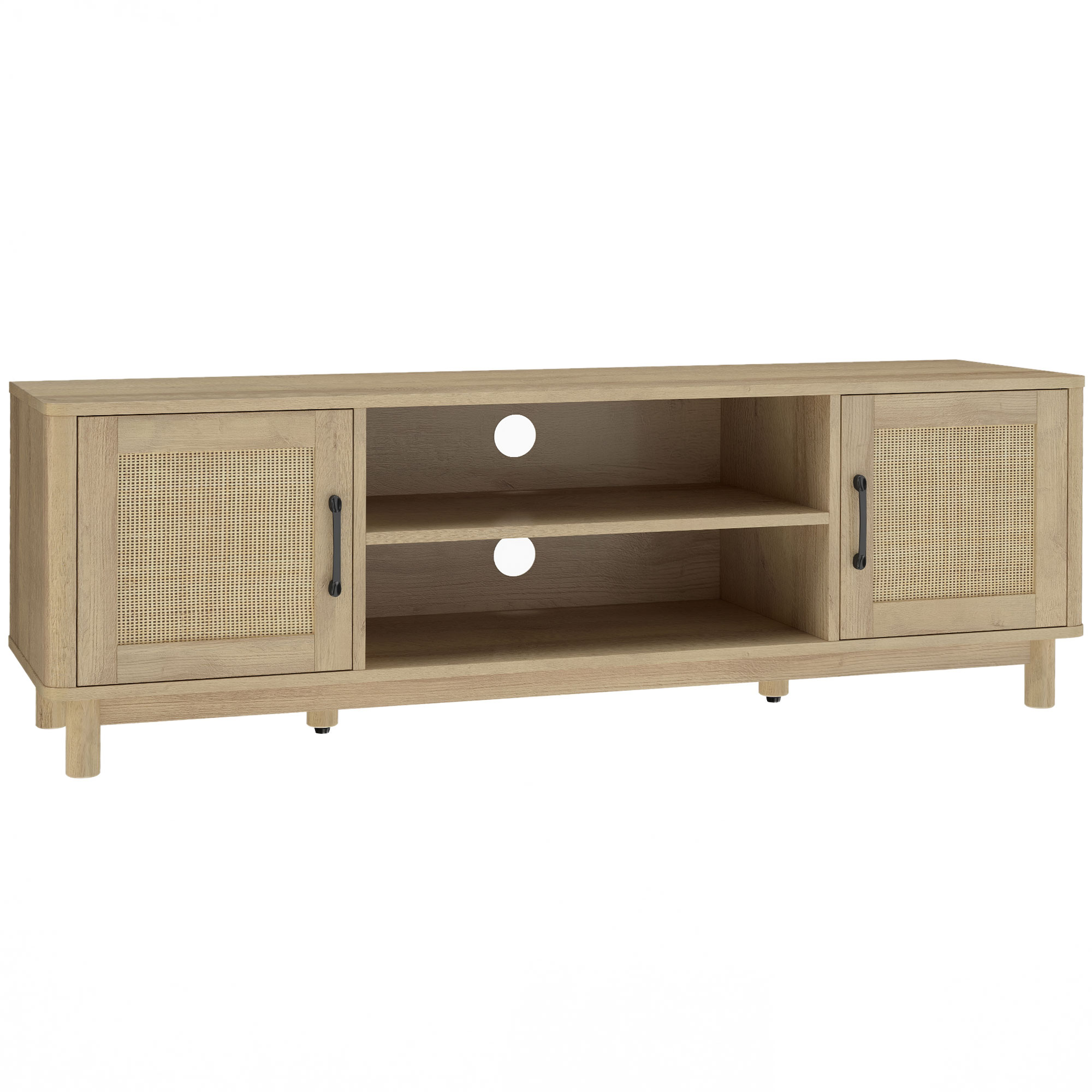 HOMCOM TV-Möbel 135 cm, TV-Möbel für Fernseher bis 165,1 cm mit 2 Rattan-Türen, 2 offenen Fächern, Boho-Stil, 6 Kiefernholzfüße, TV-Bank für Wohn- und Schlafzimmer, Eiche   Aosom