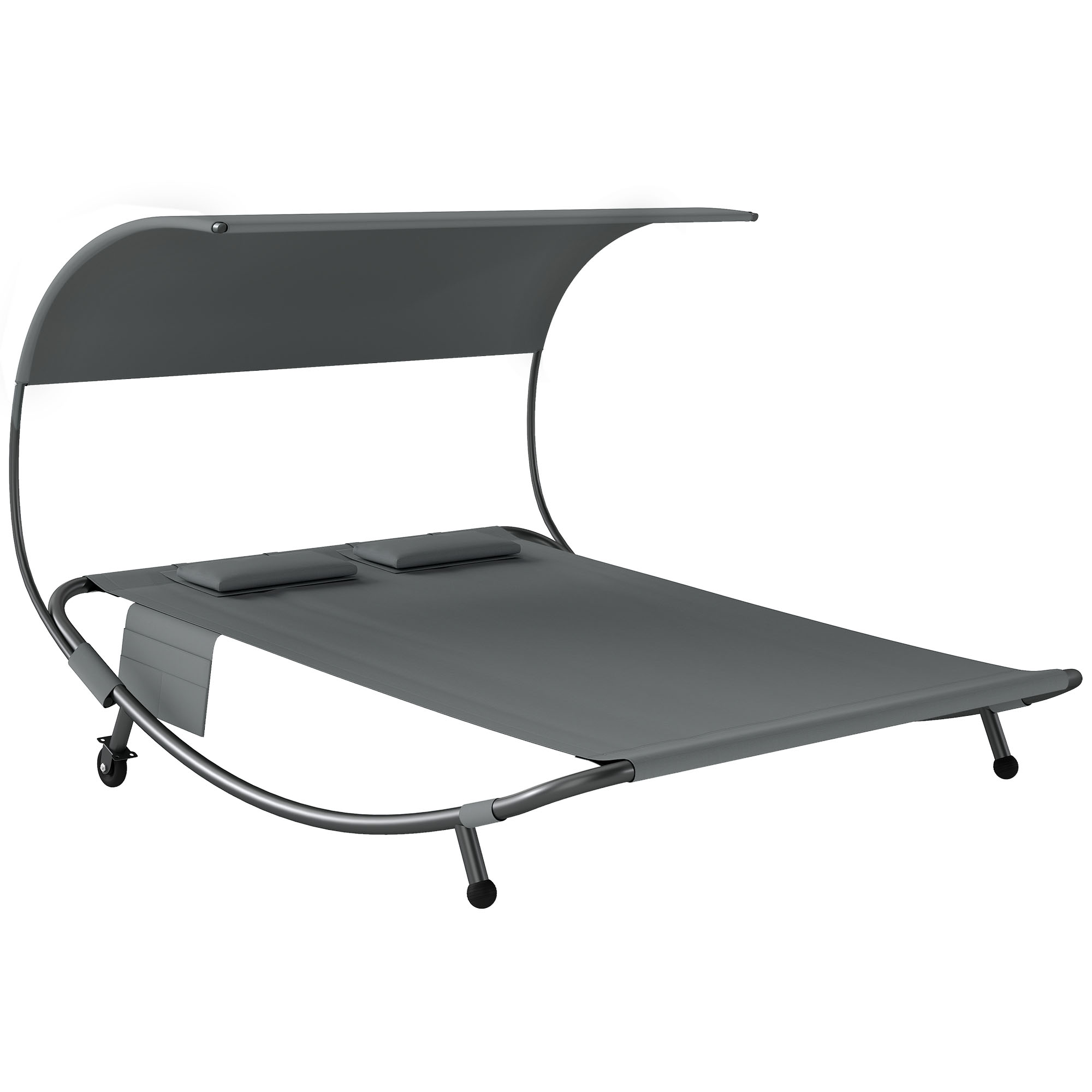 Outsunny Doppel-Sonnenliege mit abnehmbarem Verdeck, Gartenliege für 2 Personen in Texteline mit Rollen, 2 Kissen, Taschen, Stahlrahmen, für Terrasse Pool, max. 240 kg, Grau Aosom