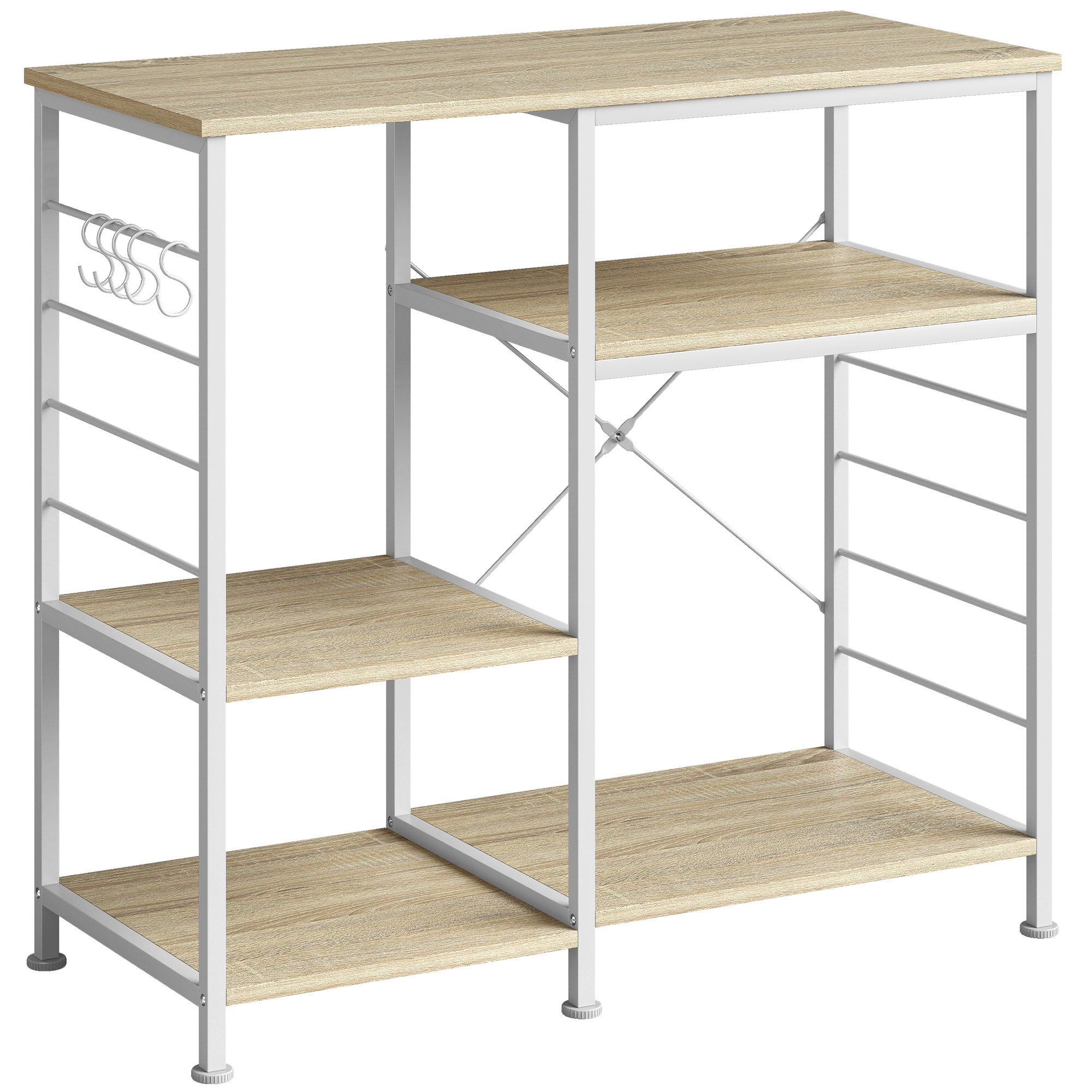 HOMCOM Küchenregal mit Regalböden, platzsparendes Aufbewahrungsregal aus Holz und Metall mit 5 S-Haken und verstellbaren Füßen, für Gewürze, Töpfe und Pfannen, 90x39x83.5 cm, Eiche   Aosom