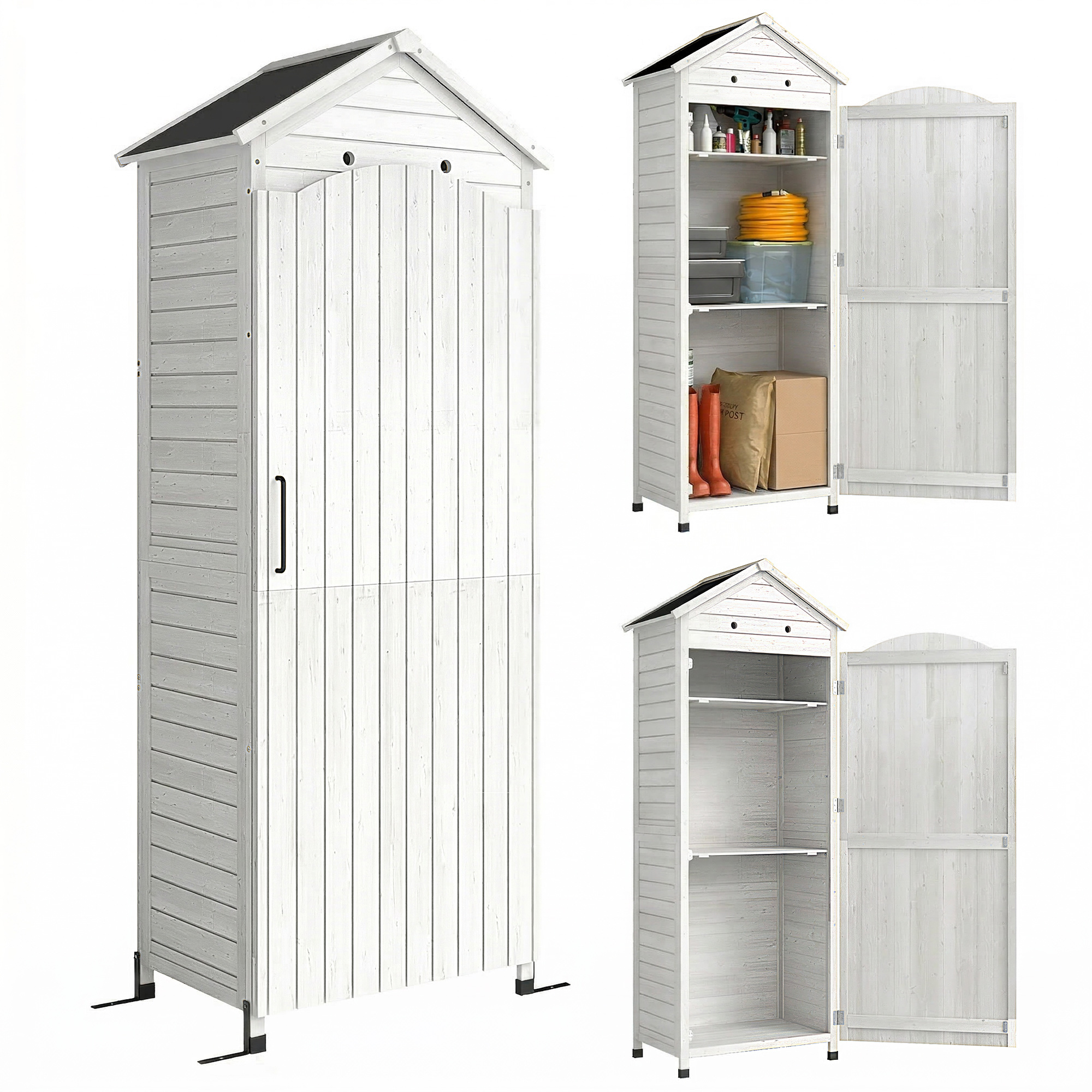 Outsunny Gartenschrank Holz extra hohe Geräteschuppen mit verstellbar Ablage magnetisch Tür galvanisiert Dach Belüftung Kippschutz 85x58x213 cm Geräteschrank Gerätehaus für Garten Terrasse Weiß   Aosom