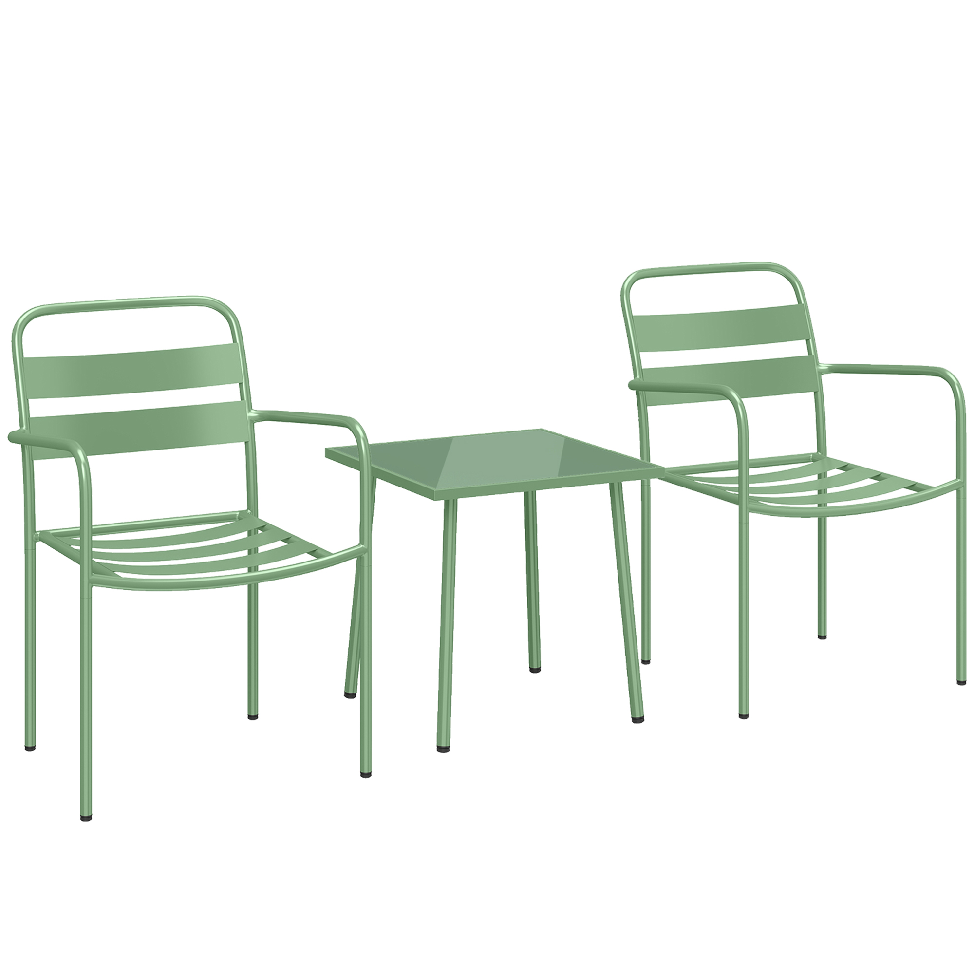 Outsunny 3‑teiliges Garten-Bistro-Set - Tisch mit gehärteter Glasplatte und 2 Lattenstühle, verzinkter rostbeständiger Stahlrahmen - Stilvolle Garten-, Balkon- und Terrassenmöbel, Grün   Aosom