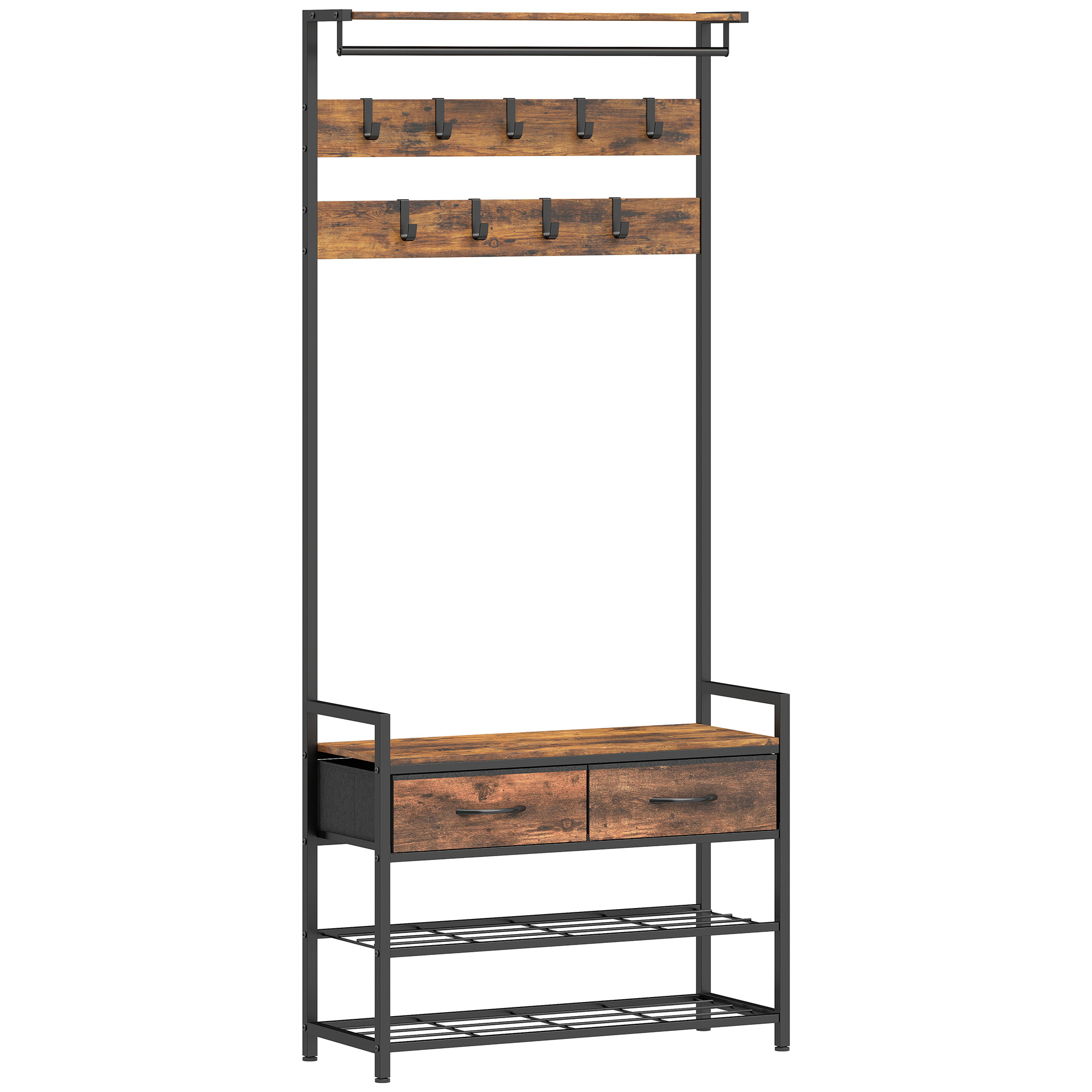 HOMCOM 5-in-1 Garderobenständer mit Schuhbank, Eingangsbank mit Kleiderständer, Industrieller Schuhregal-Organizer mit Stahlrahmen, Rustikal Braun   Aosom