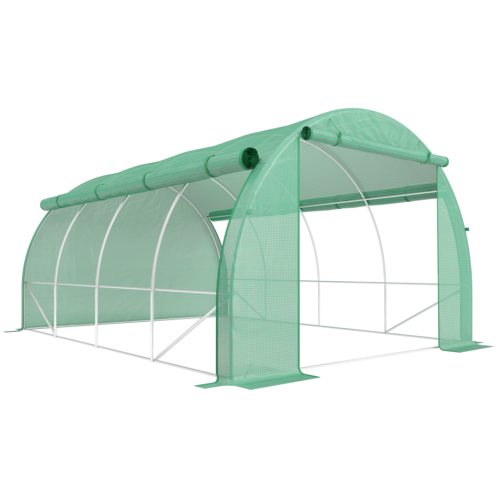 Outsunny Foliengewächshaus Polytunnel 3,97x3x2m, begehbar mit UV-Schutz, aufrollbaren Abdeckungen aus Stahl, grün für Garten & Pflanzen   Aosom.de
