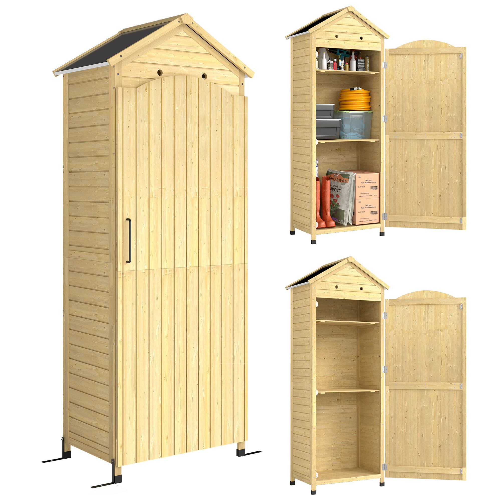 Outsunny Gartenschrank Holz extra hohe Geräteschuppen mit verstellbar Ablage magnetisch Tür galvanisiert Dach Belüftung Kippschutz 85x58x213 cm Geräteschrank Gerätehaus für Garten Terrasse Naturholz   Aosom