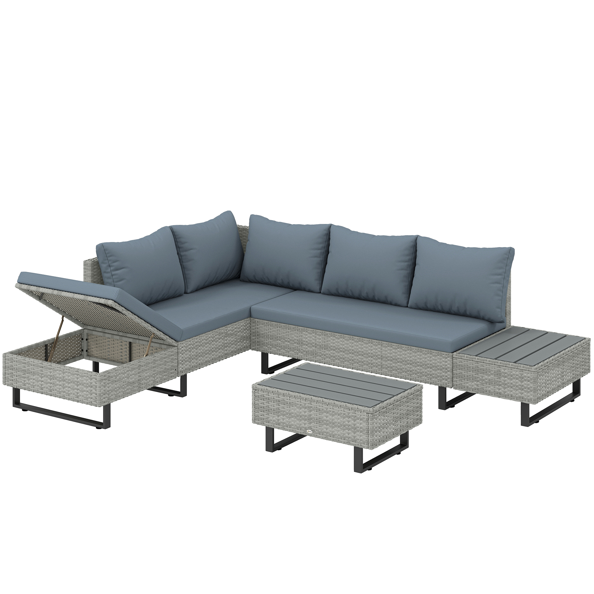 Outsunny Eck-Gartenlounge 5-sitzig Geflecht - Modulares Außen-Sofa mit verstellbarer Chaiselongue - Terrassenmöbel-Set mit Komposit-Tisch, Grau   Aosom
