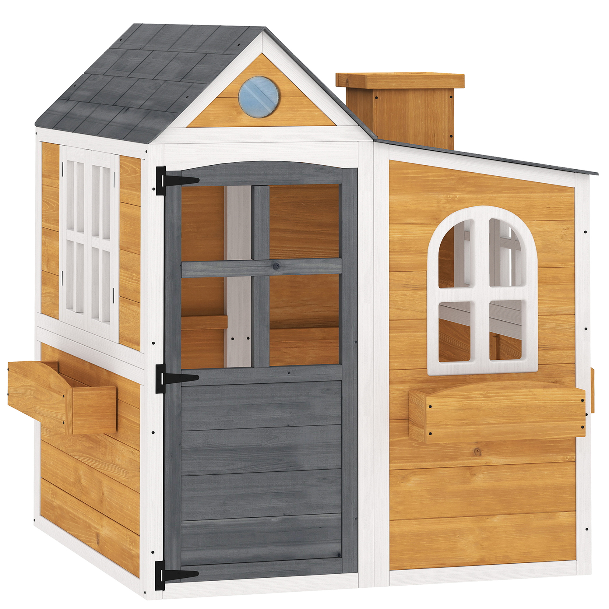 AIYAPLAY Außenspielhaus aus Holz, Außen-/Innen-Spielhaus mit Tür, Fenster, 3 Pflanzkästen, wetterfest, Spielhaus für 3-6 Jahre, 125,5x119x126 cm, gelb Aosom