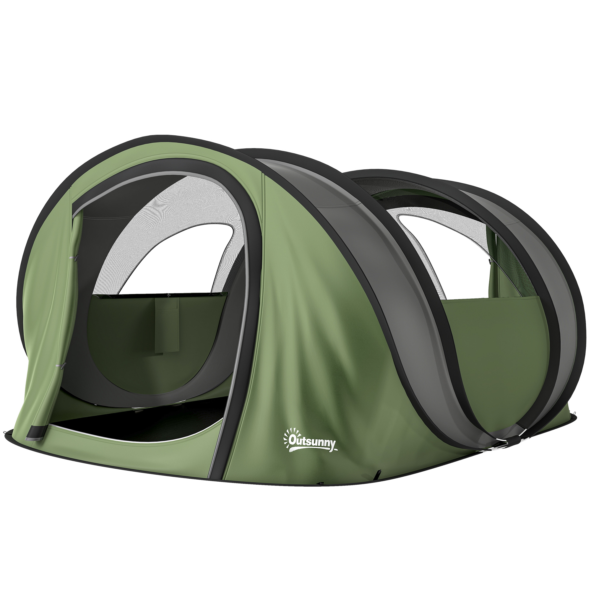 Outsunny Pop Up Zelt 4 Personen Tunnelzelt mit Schlafzimmer 2 Türen 2 Mesh-Fenstern Abnehmbarer Überzug Bodenplane, 3000 mm Wassersäule wasserdicht Campingzelt mit Tragetasche Camping Zelt Grün Aosom