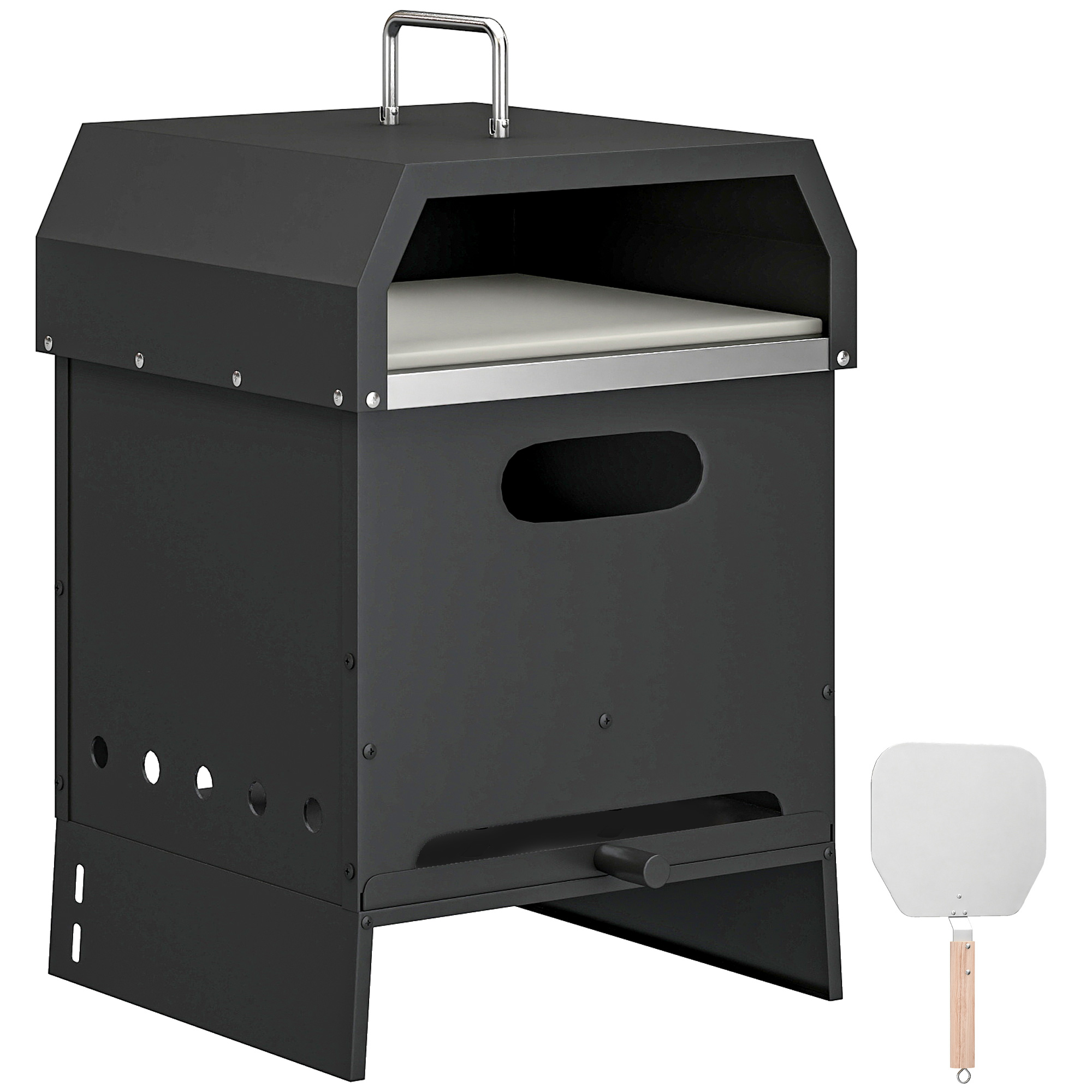 Outsunny 3-in-1 Outdoor Pizzaofen Holzbefeuerter Pizza Ofen Edelstahl 2 Ebene Backofen mit Pizzastein Griffen Pizzaschaufel Tragbarer Pizzaöfen für Garten Party   Aosom