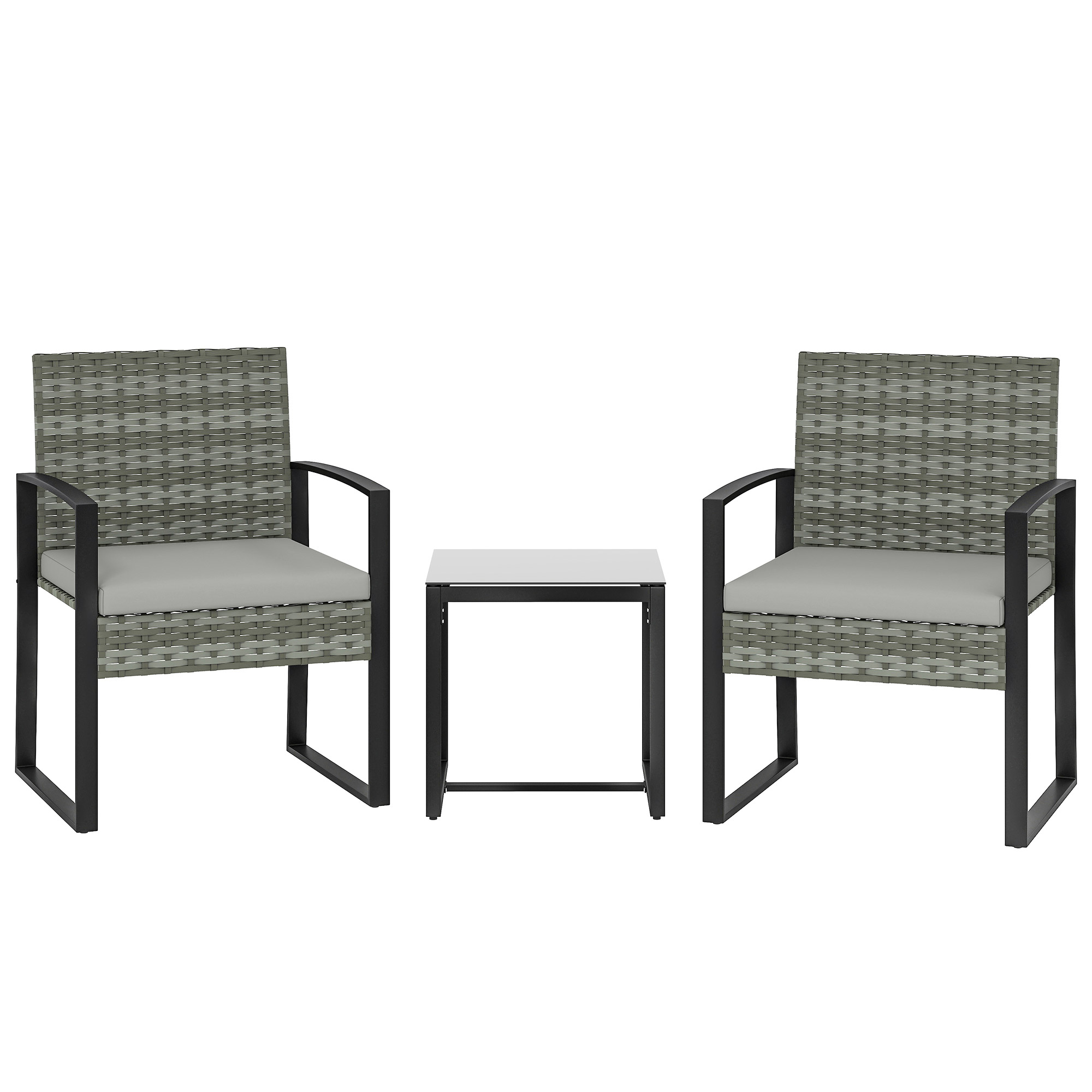 Outsunny Rattan Bistroset, 3 teiliges Gartenmöbel-Set mit 2 Gartenstühlen, Couchtisch, abnehmbar Kissen, Balkonmöbel-Set Sitzgruppe Gartengarnitur für Garten, Terrasse, Hellgrau Aosom