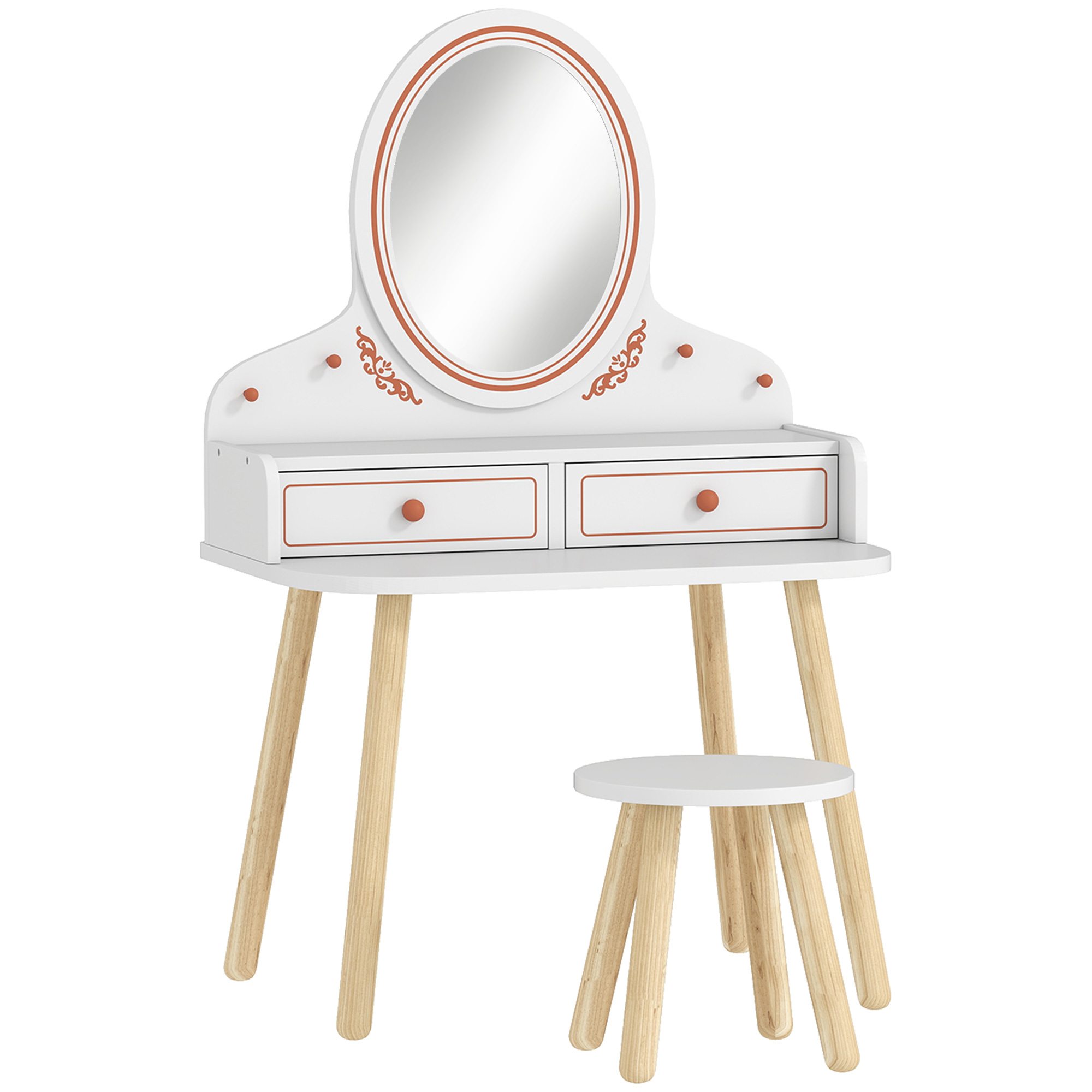 AIYAPLAY Kinder Schminktisch Set Frisiertisch mit Hocker Spiegel, Make-up Tisch Set mit Schubladen Kleiderstangen Kinderschminktisch Kosmetiktisch für Mädchen 3-8 Jahre Weiß   Aosom