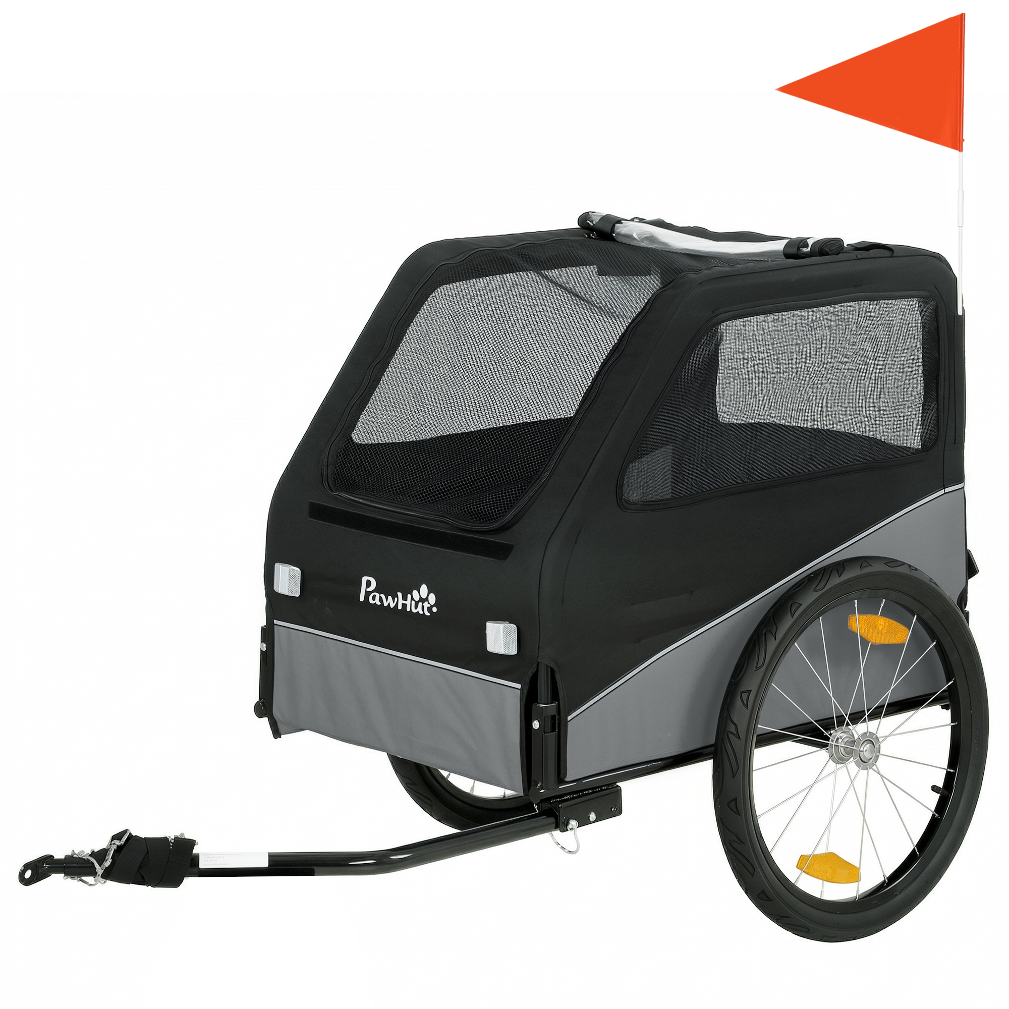 PawHut Fahrradanhänger für Hunde mit 50,8 cm Gummireifen mit Schnellverschluss, Anhänger für mittelgroße Hunde mit universeller Kupplung, Reflektoren, Fahne, Leine, Traglast 20 kg, Grau und Schwarz   Aosom