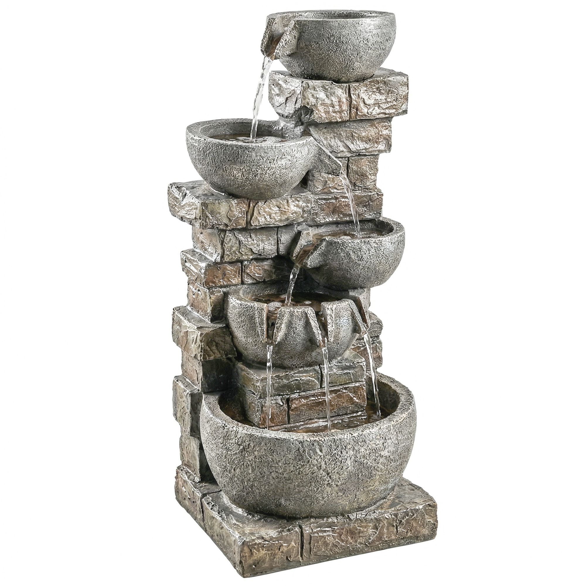 Outsunny Springbrunnen Outdoor aus Kunstharz fünfstöckig Gartenbrunnen mit LED Beleuchtung Pumpe Steinoptik Zimmerbrunnen Wasserspiel Dekorationsbecken für Garten Terrasse 34 x 36 x 80 cm   Aosom