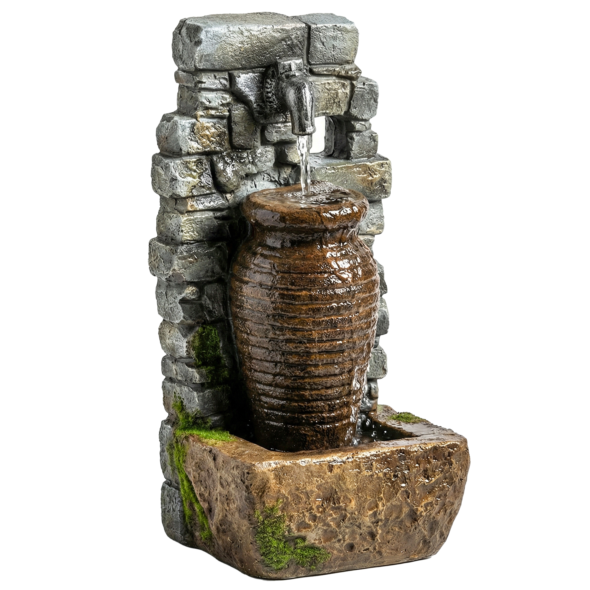 Outsunny Springbrunnen 3-stufig Gartenbrunnen mit LED Beleuchtung verstellbare Pumpe Steinwand Krugdesign, Zimmerbrunnen Wasserspiel Zierbrunnen Terrassenbrunnen für Garten Rasen 26 x 20,5 x 57 cm   Aosom