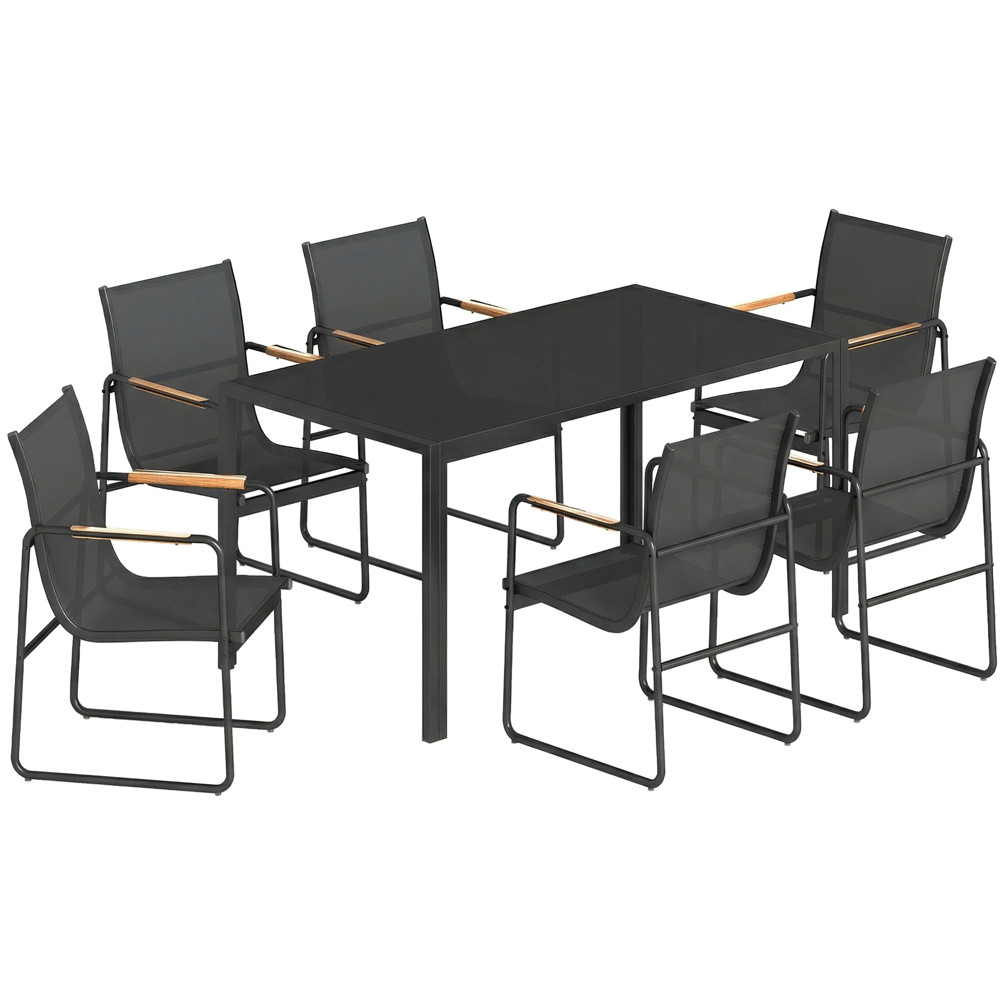 Outsunny Gartenmöbel Set Sitzgruppe 150 x 80cm Glastisch mit 6 Atmungsaktiven Stühlen Dekorative Armlehnen, wetterfest Essgruppe Gartenset Gartengarnitur für Garten Balkon Terrasse Schwarz   Aosom