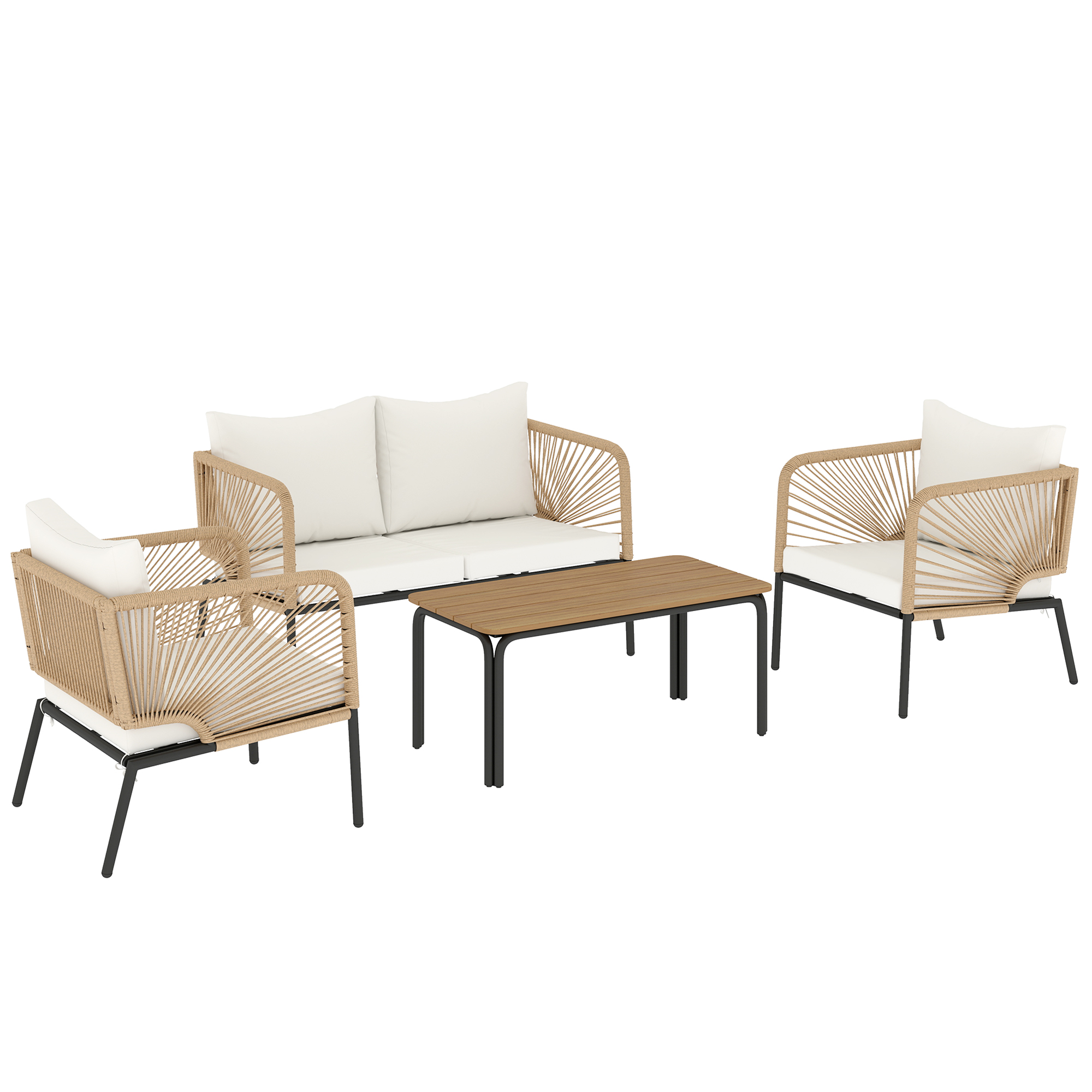 Outsunny Gartenmöbel Set Rattan Sitzgruppe für 4 Personen Gartenlounge mit 2er Sofa 2 Sessel Lamell-Tisch Seilflecht waschbar Sitzkissen Holzoptik, Outdoor Balkonmöbel Terrassenmöbel für Garten Weiß   Aosom