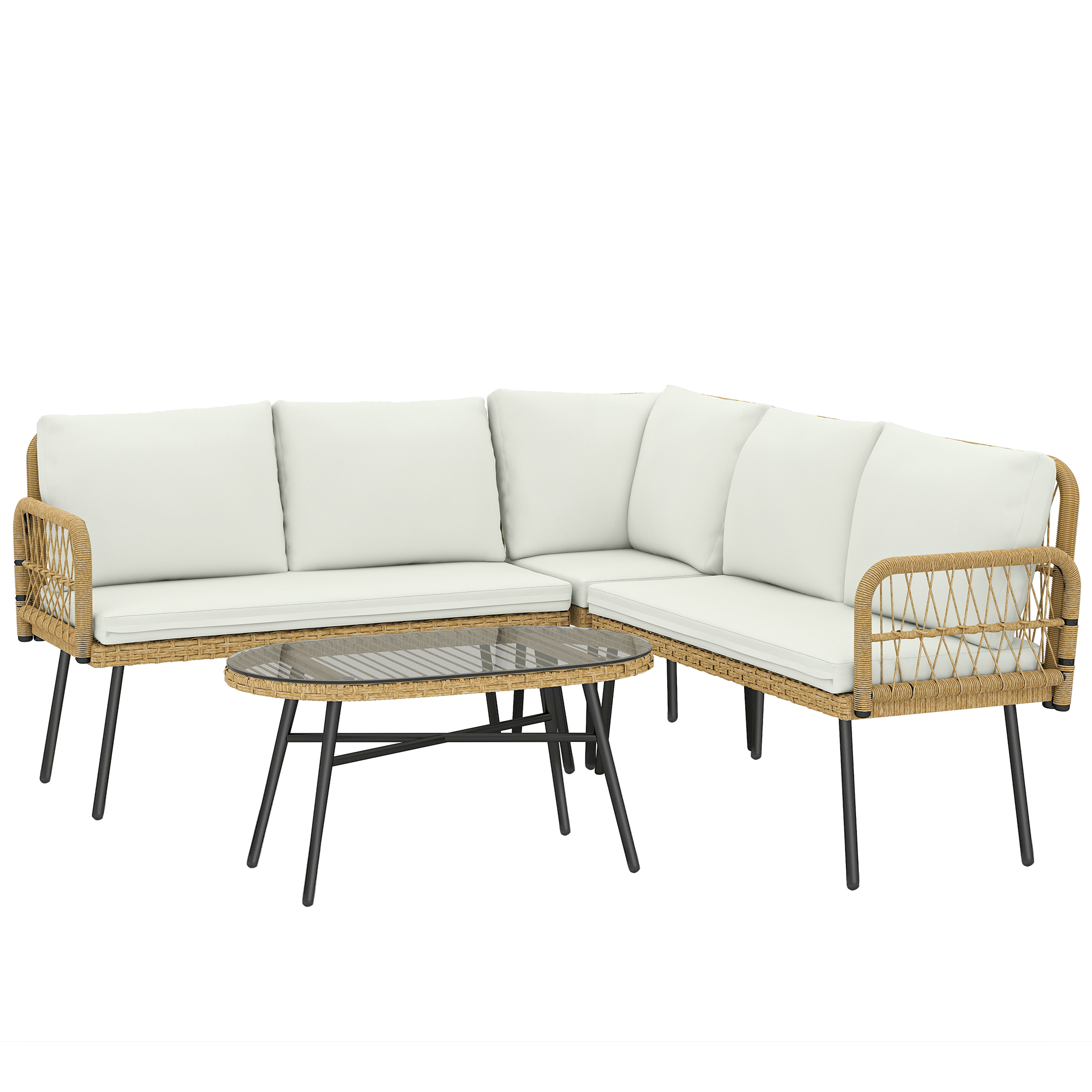 Outsunny Polyrattan Gartenmöbel Set 4-teilig, Lounge Set mit Ecksofa Zweisitzersofa Glastisch abnehmbar Kissen, Rattan Sitzgruppe bis 5 Personen, Lounge Möbel für Garten Terrasse Balkon Cremeweiß Aosom